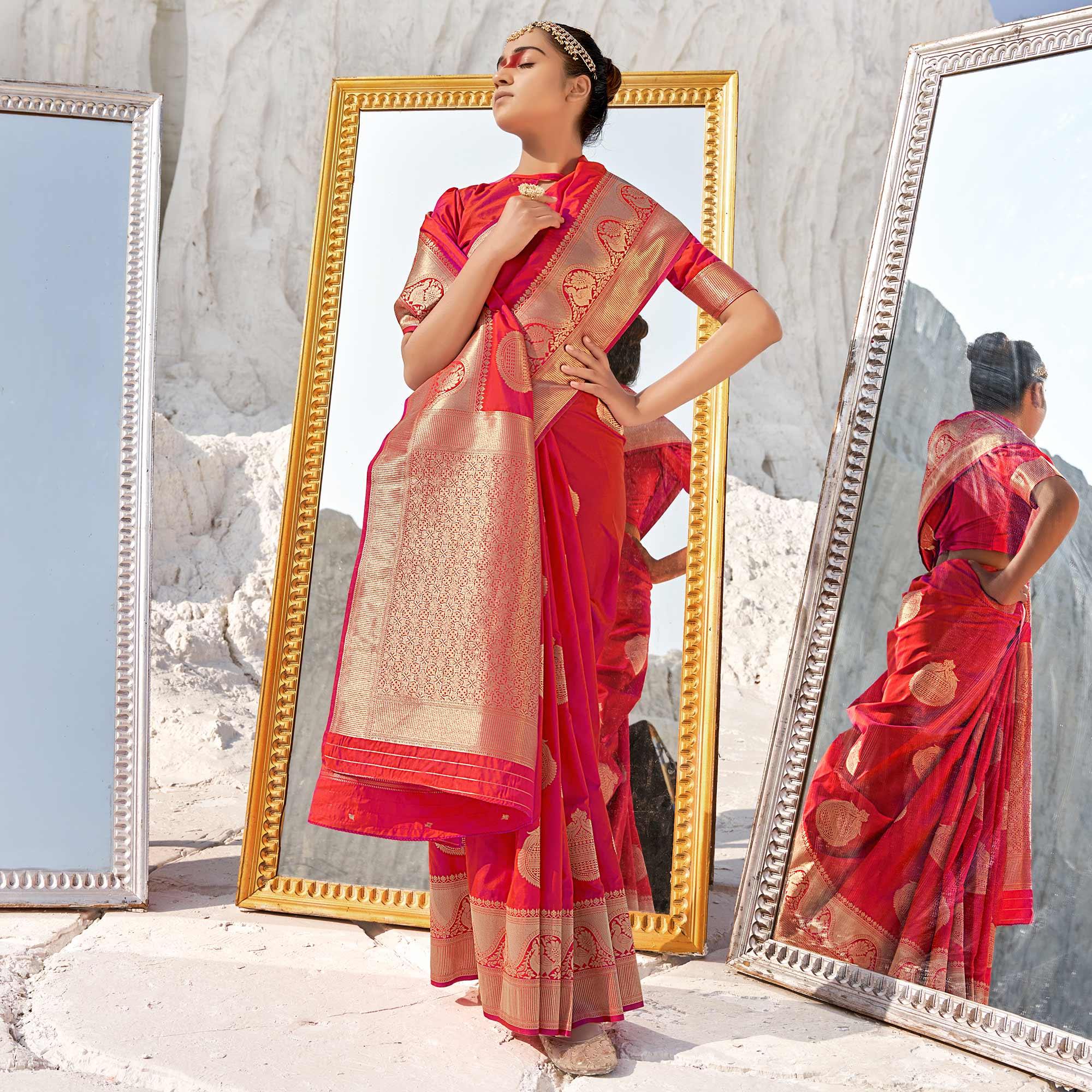 Red Festive Wear Woven Banarasi Silk Saree - Peachmode