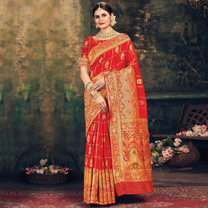 Red Festive Wear Woven Banarasi Silk Saree - Peachmode