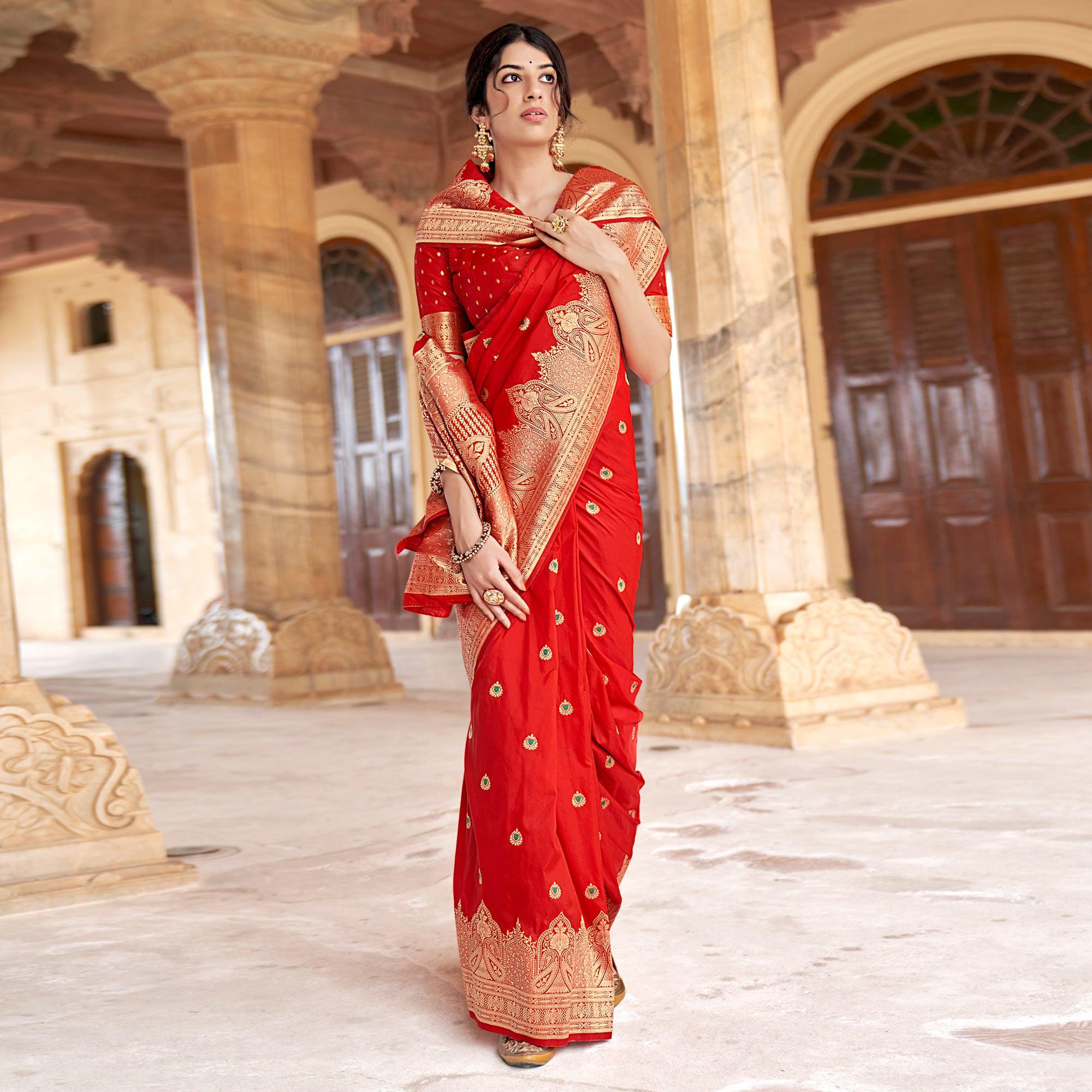 Red Festive Wear Woven Banarasi Silk Saree - Peachmode