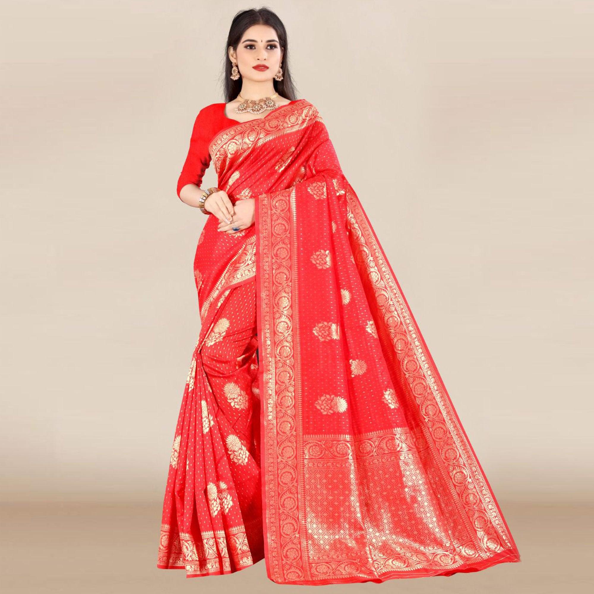 Red Festive Wear Woven Banarasi Silk Saree - Peachmode