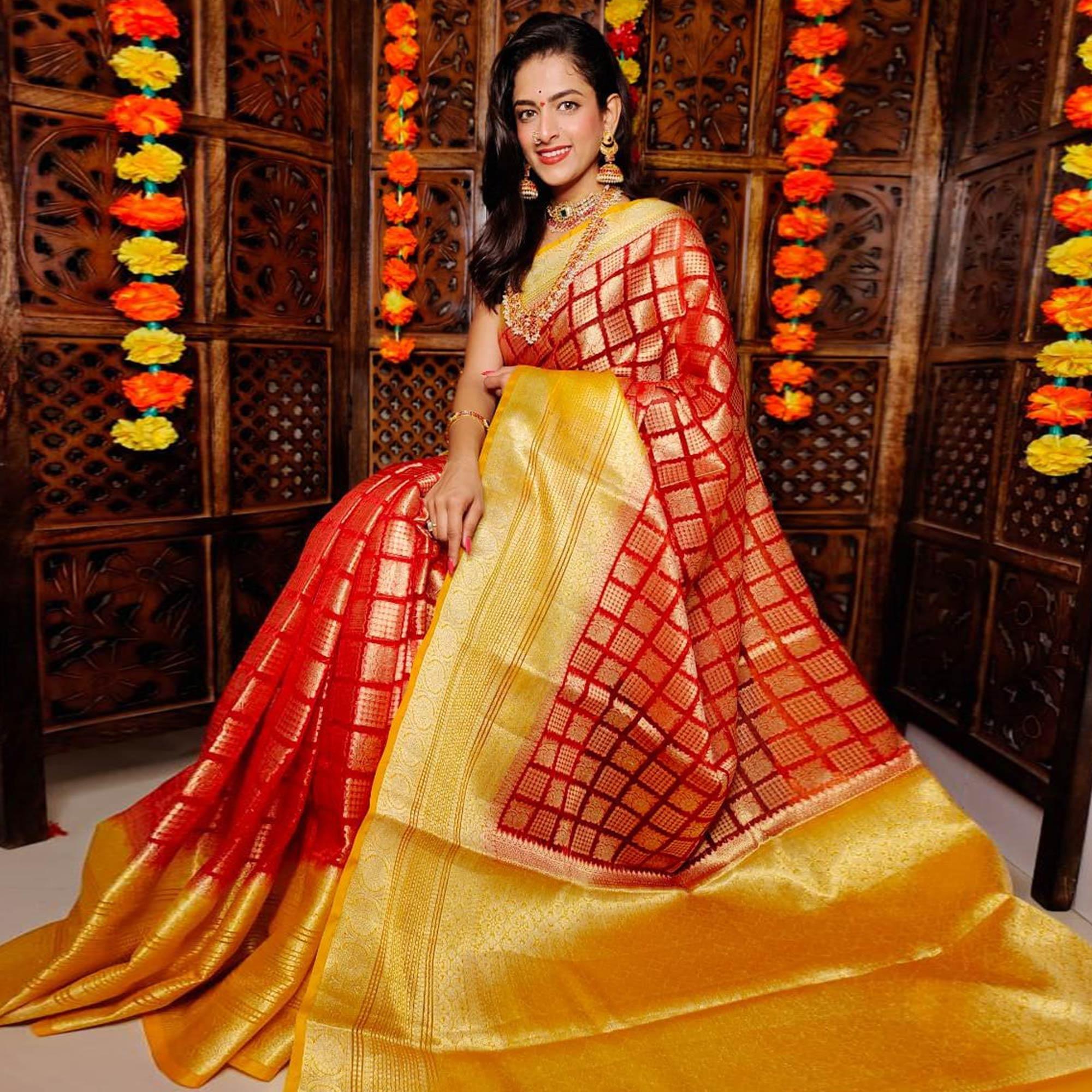 Red Festive Wear Woven Banarasi Silk Saree - Peachmode