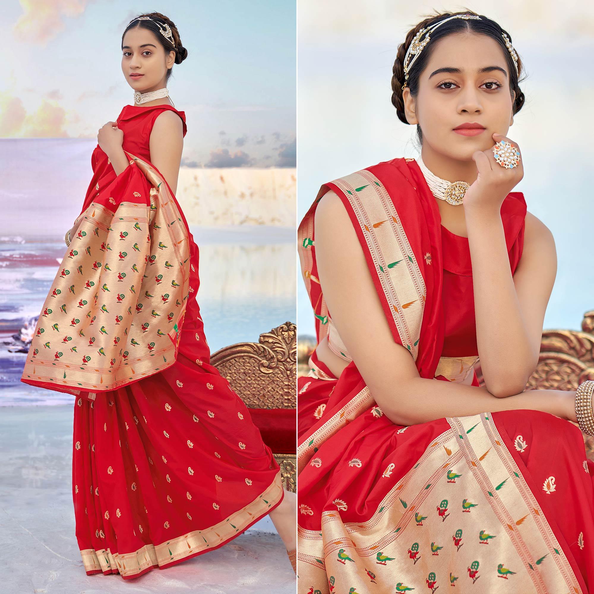 Red Festive Wear Woven Banarasi Silk Saree - Peachmode