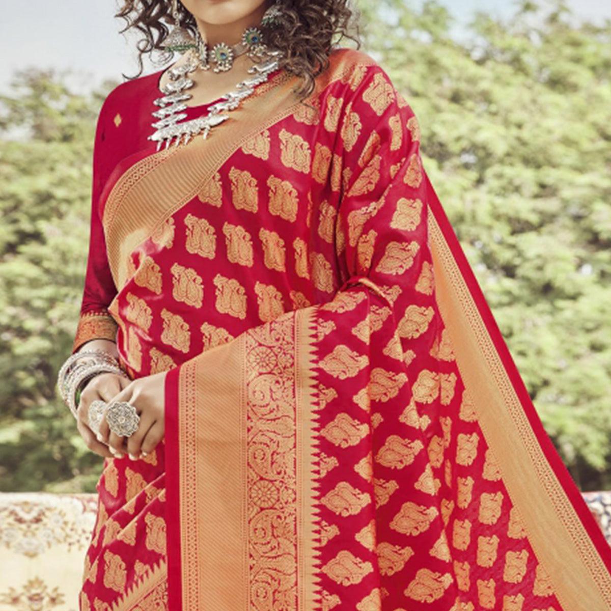 Red Festive Wear Woven Banarasi Silk Saree - Peachmode