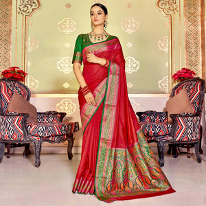 Red Festive Wear Woven Banarasi Silk Saree - Peachmode