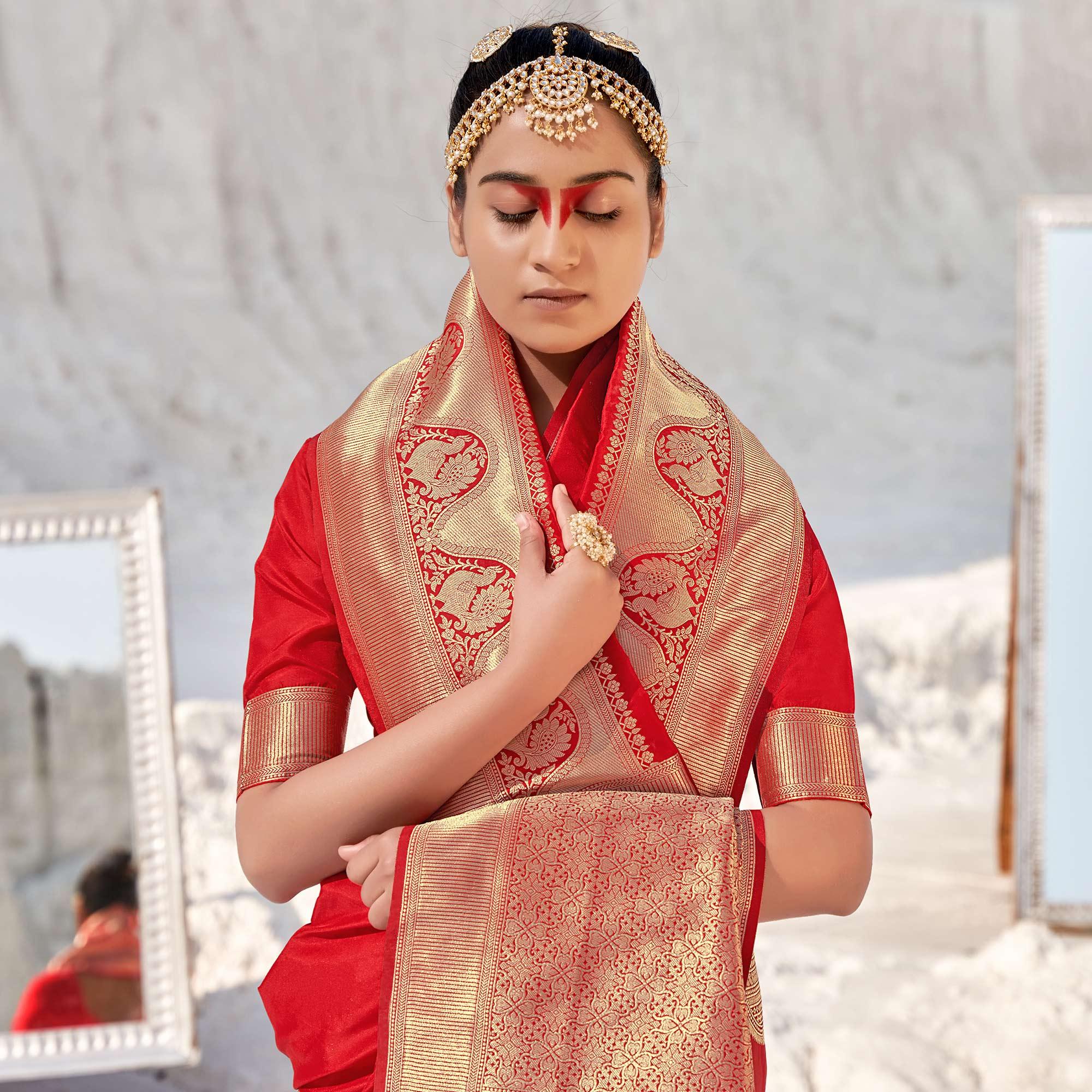 Red Festive Wear Woven Banarasi Silk Saree - Peachmode