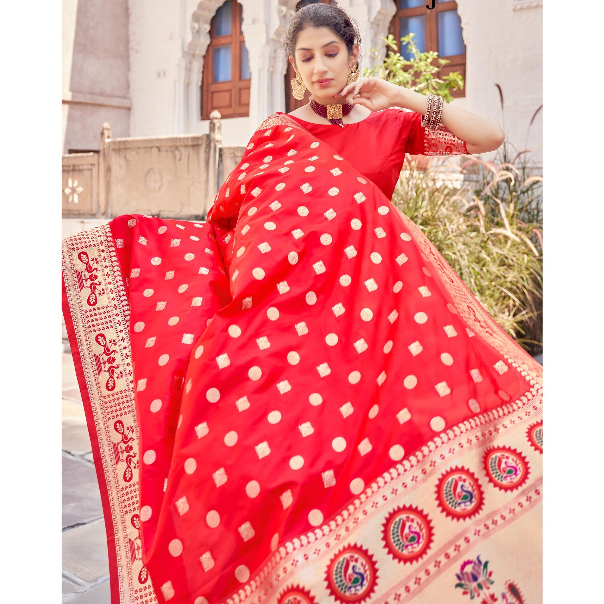 Red Festive Wear Woven Banarasi Silk Saree - Peachmode