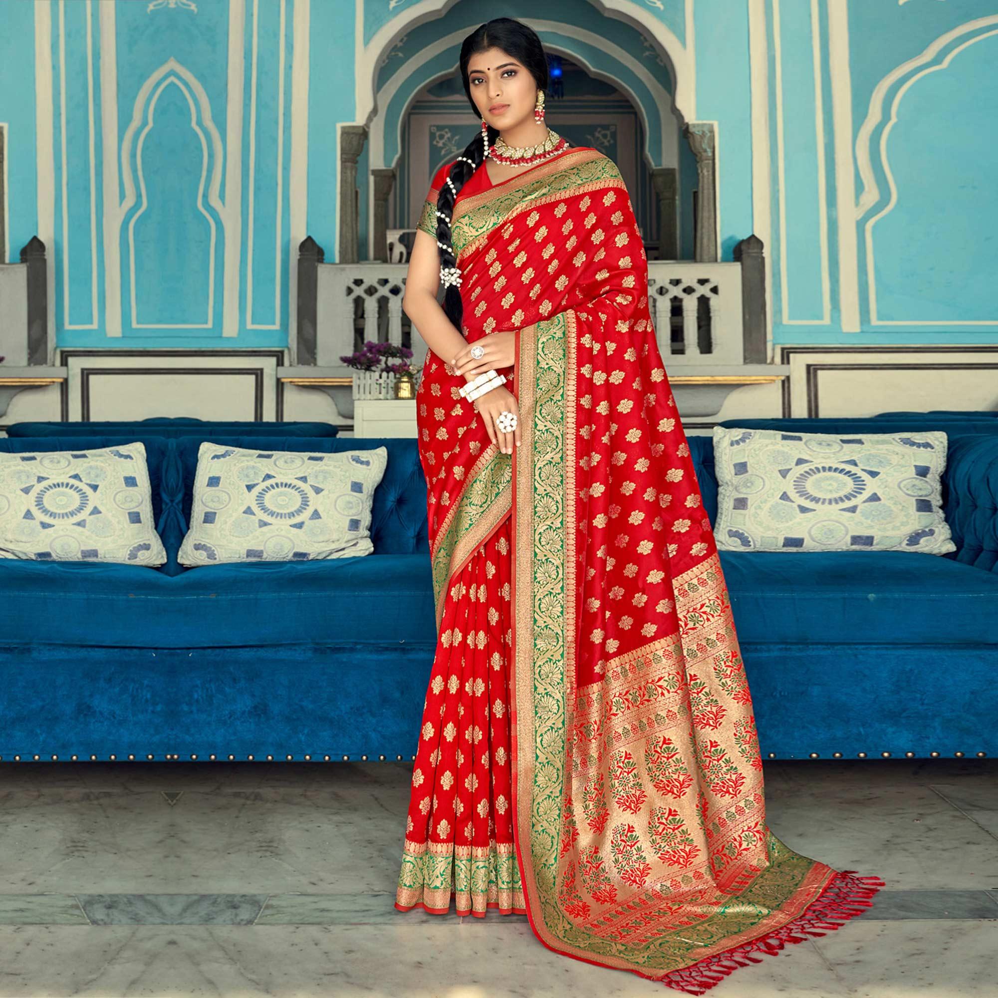 Red Festive Wear Woven Banarasi Silk Saree - Peachmode