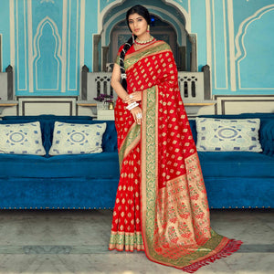 Red Festive Wear Woven Banarasi Silk Saree - Peachmode