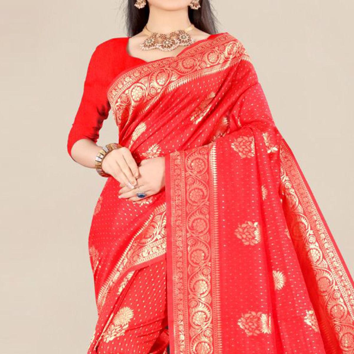 Red Festive Wear Woven Banarasi Silk Saree - Peachmode