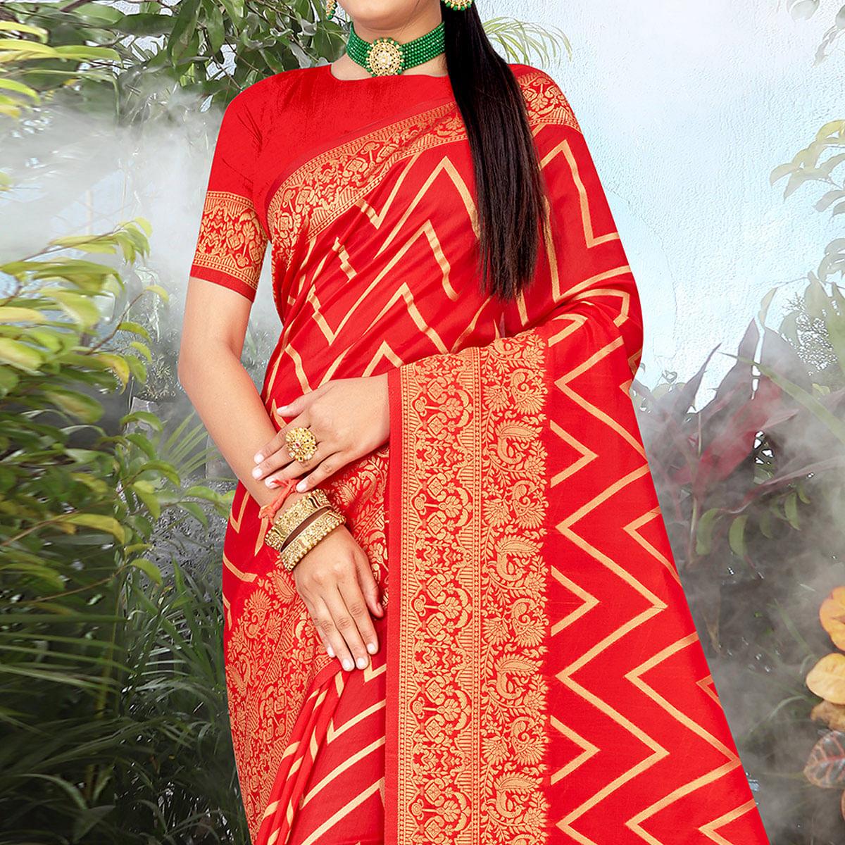 Red Festive Wear Woven Banarasi Silk Saree - Peachmode