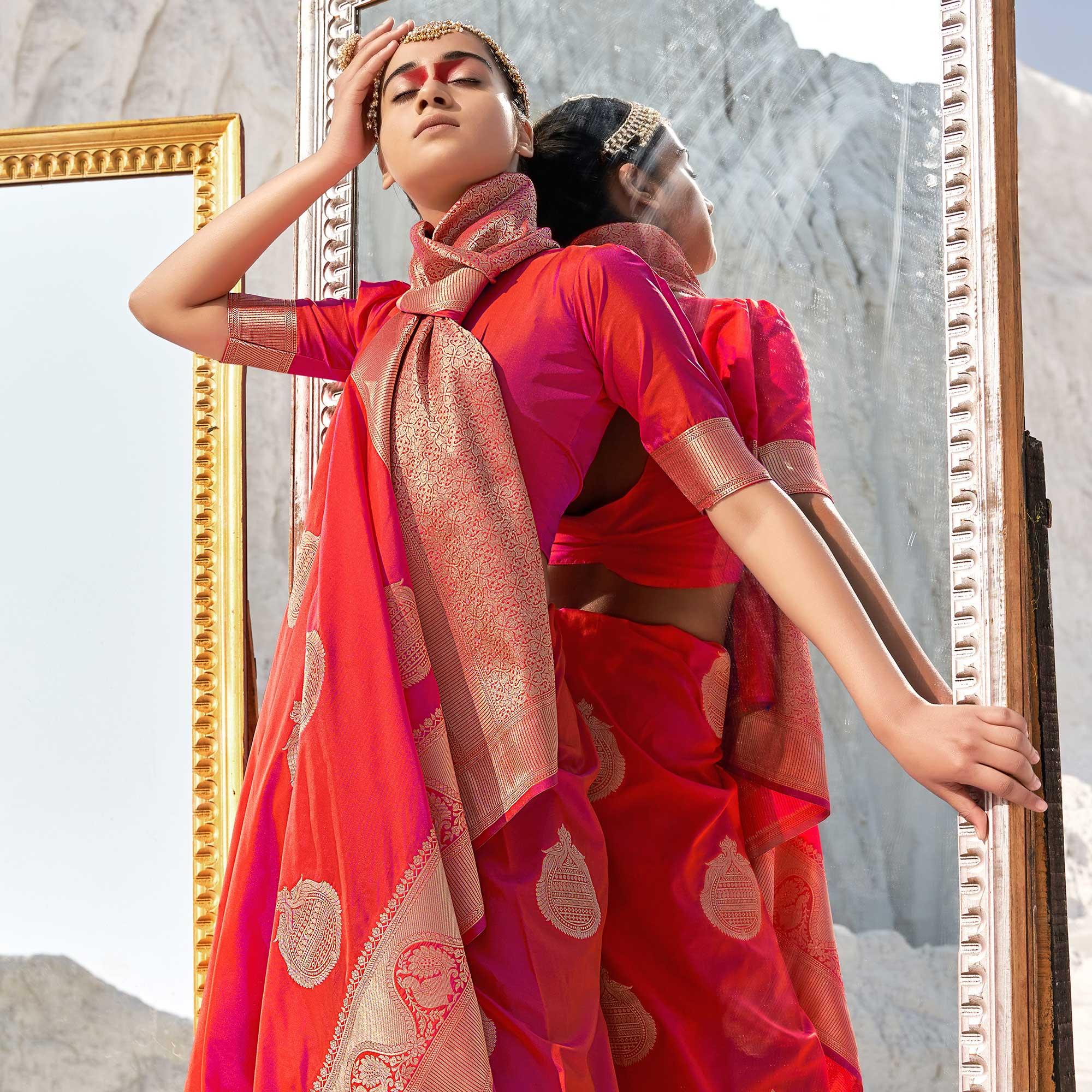 Red Festive Wear Woven Banarasi Silk Saree - Peachmode