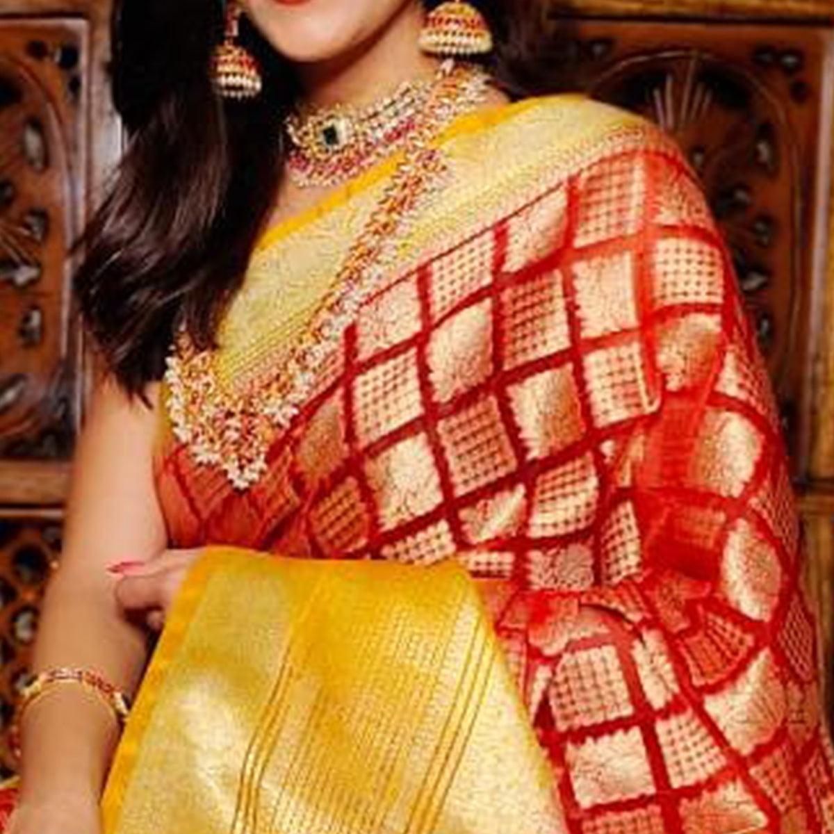 Red Festive Wear Woven Banarasi Silk Saree - Peachmode