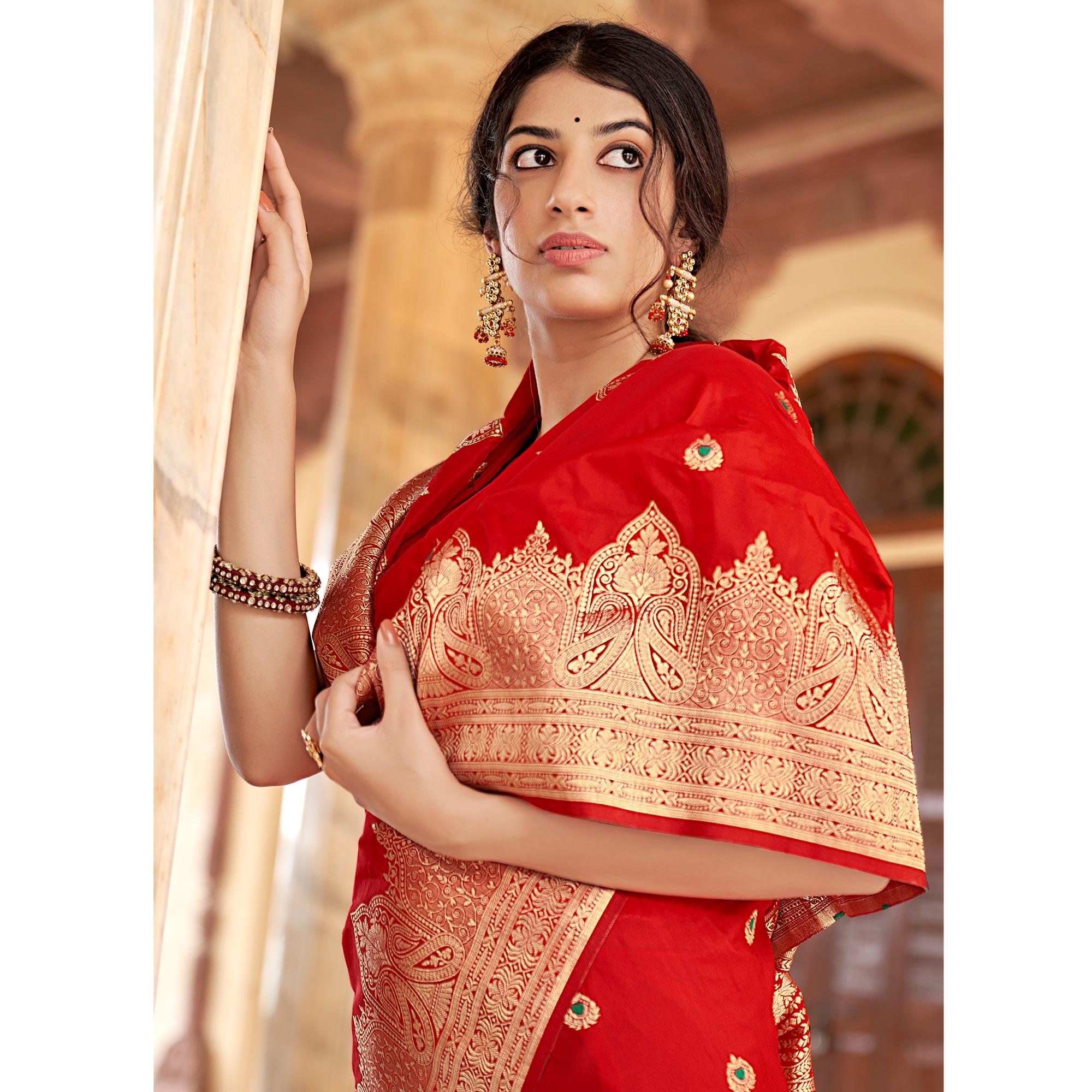 Red Festive Wear Woven Banarasi Silk Saree - Peachmode