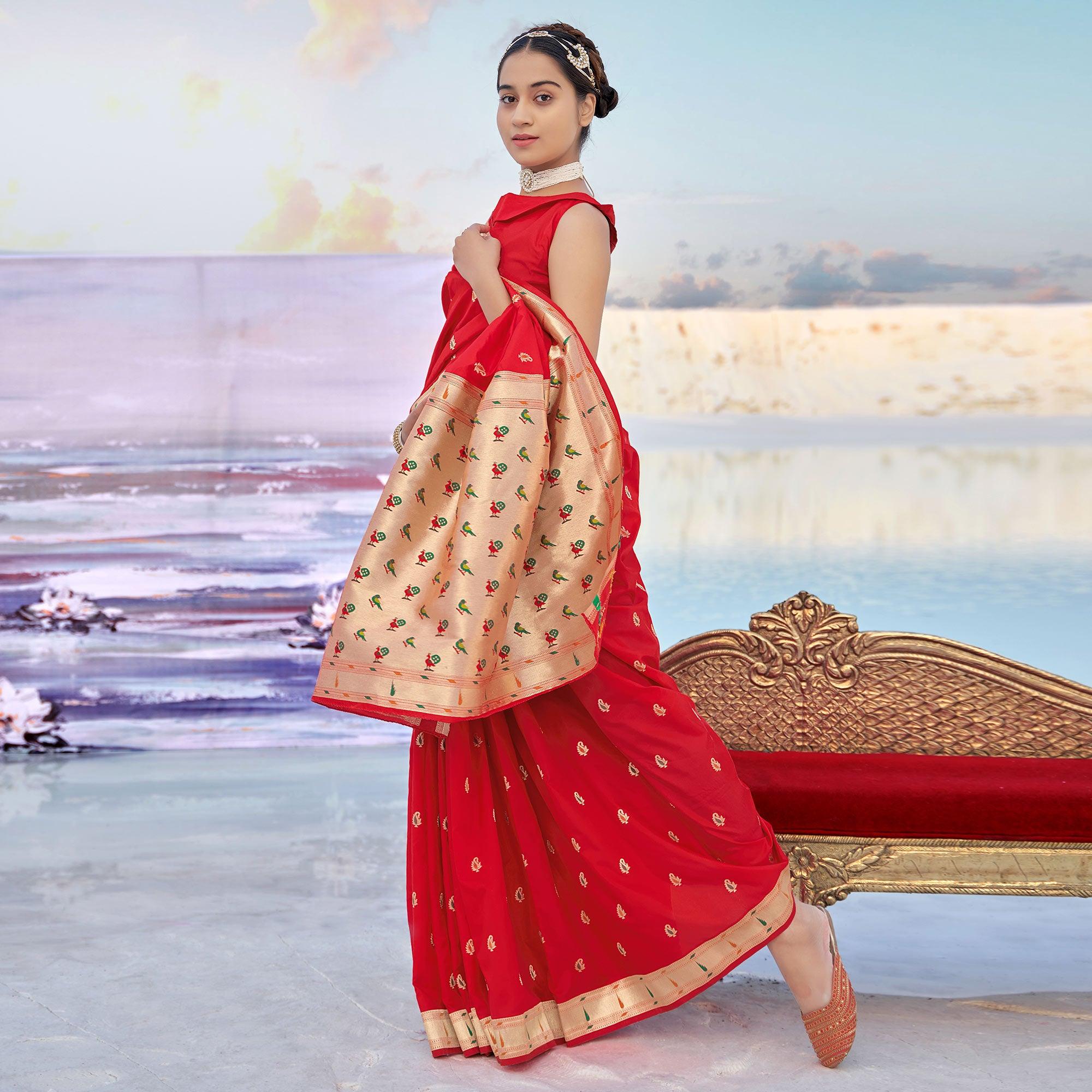 Red Festive Wear Woven Banarasi Silk Saree - Peachmode