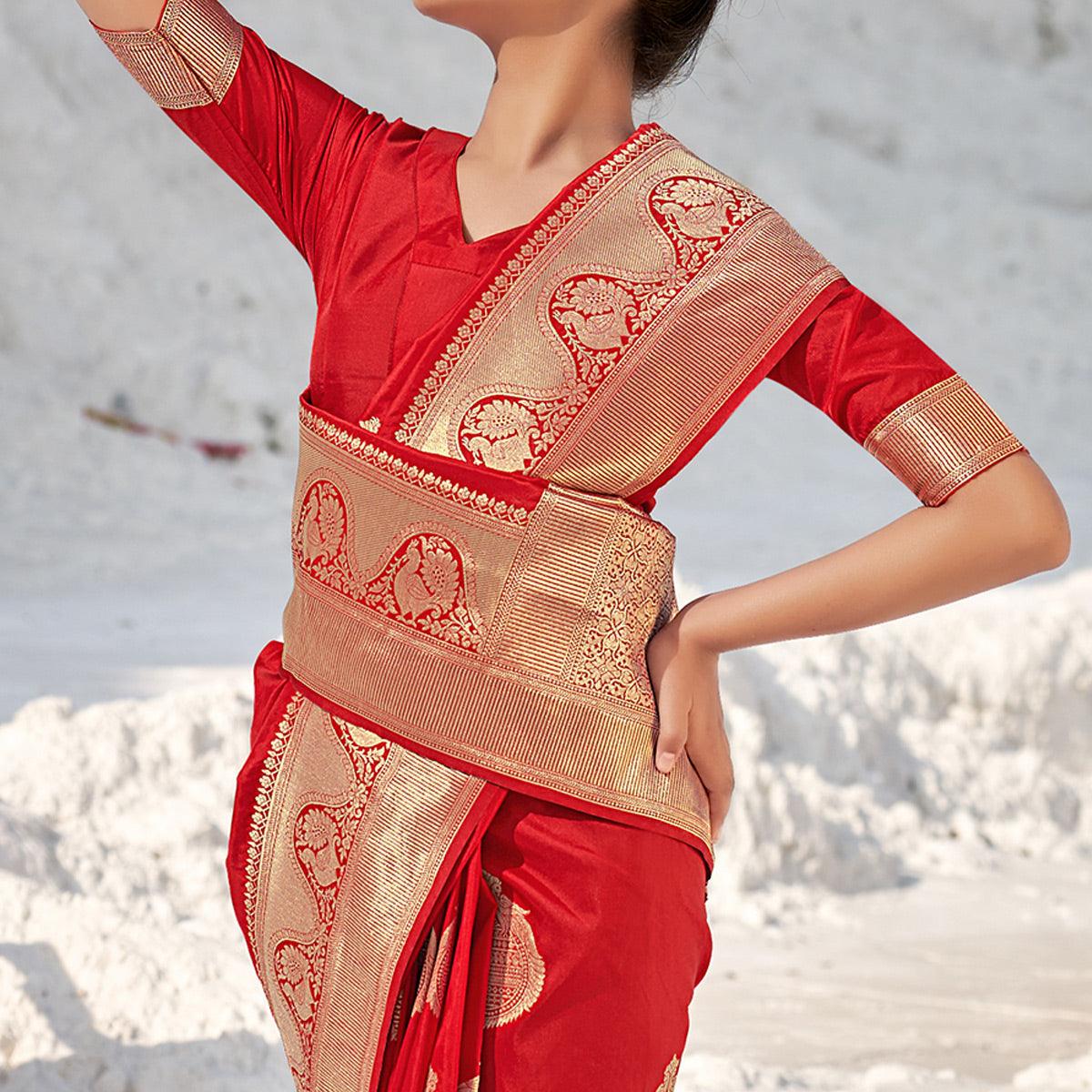 Red Festive Wear Woven Banarasi Silk Saree - Peachmode