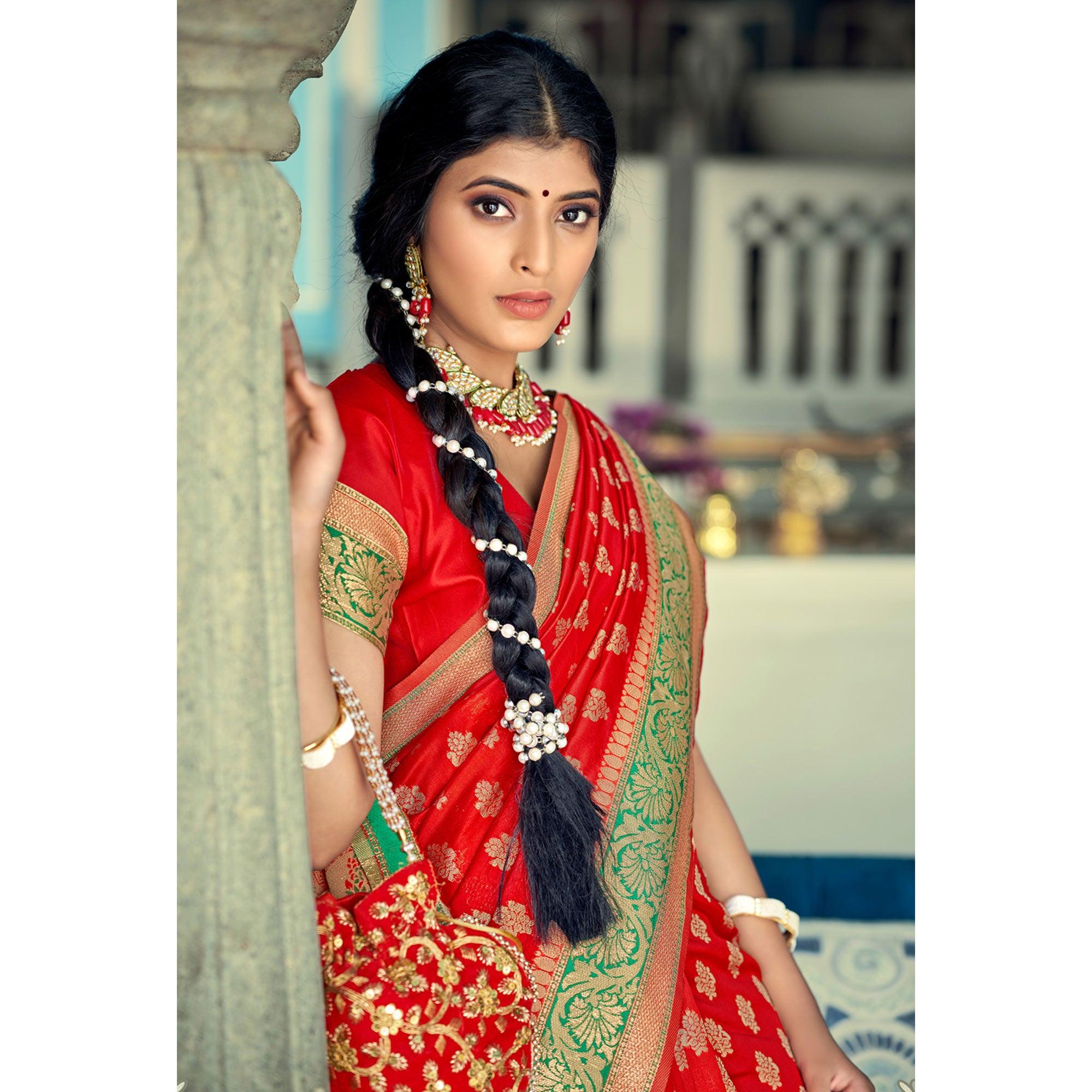 Red Festive Wear Woven Banarasi Silk Saree - Peachmode