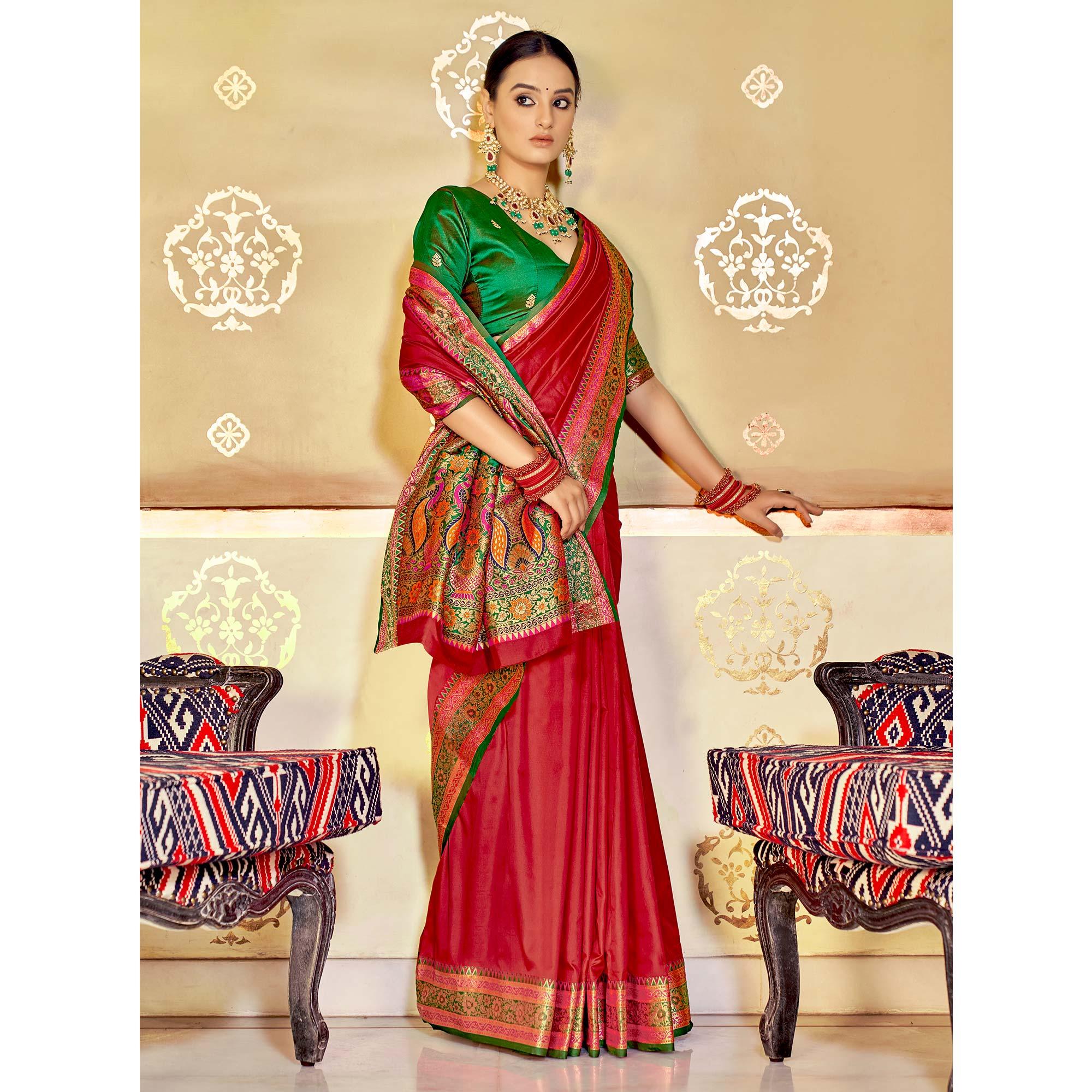 Red Festive Wear Woven Banarasi Silk Saree - Peachmode