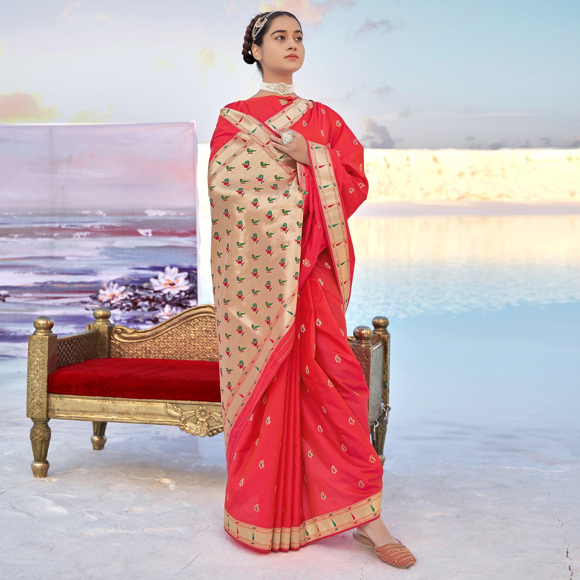Red Festive Wear Woven Banarasi Silk Saree - Peachmode