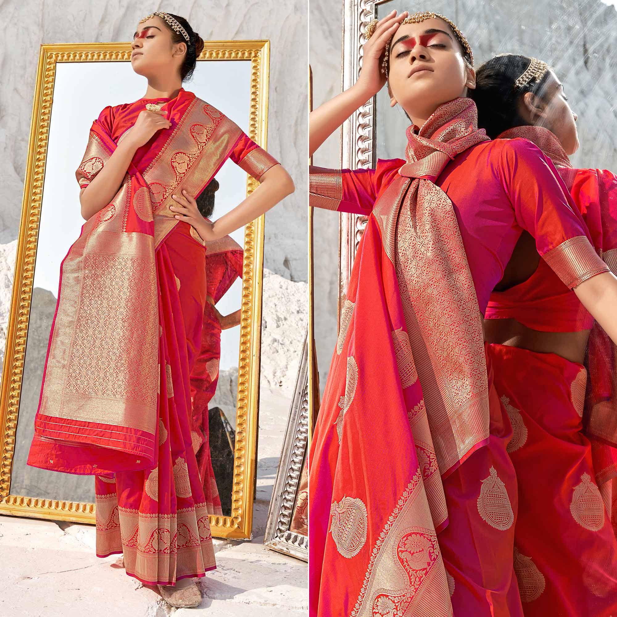 Red Festive Wear Woven Banarasi Silk Saree - Peachmode