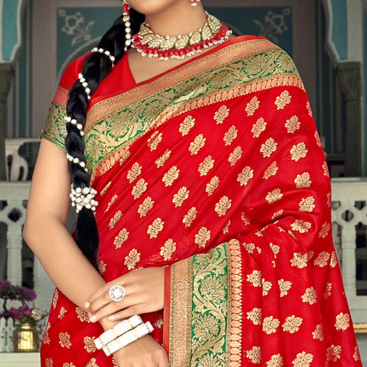 Red Festive Wear Woven Banarasi Silk Saree - Peachmode