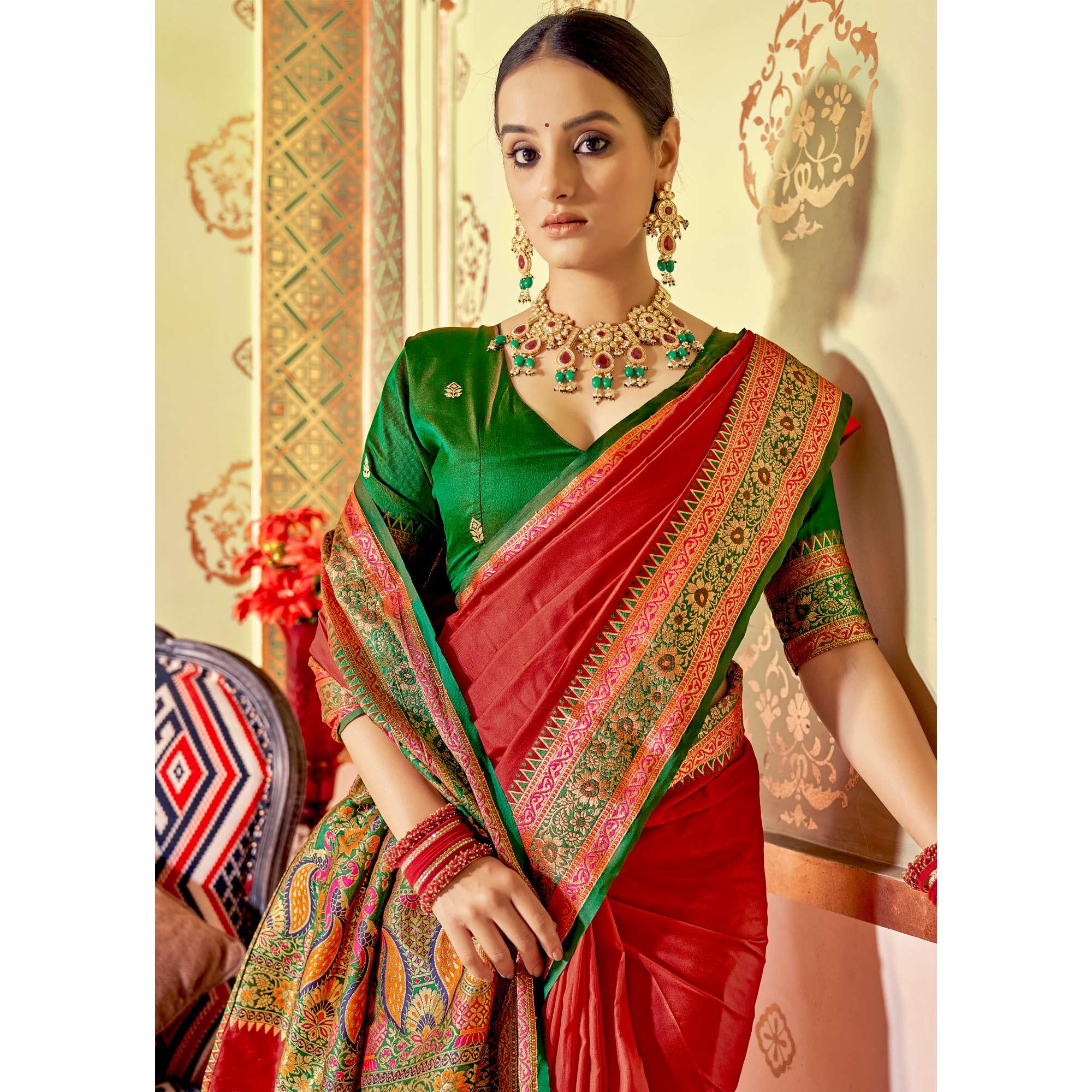 Red Festive Wear Woven Banarasi Silk Saree - Peachmode