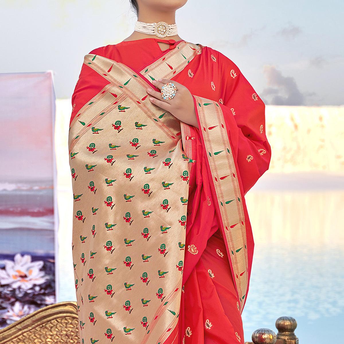 Red Festive Wear Woven Banarasi Silk Saree - Peachmode