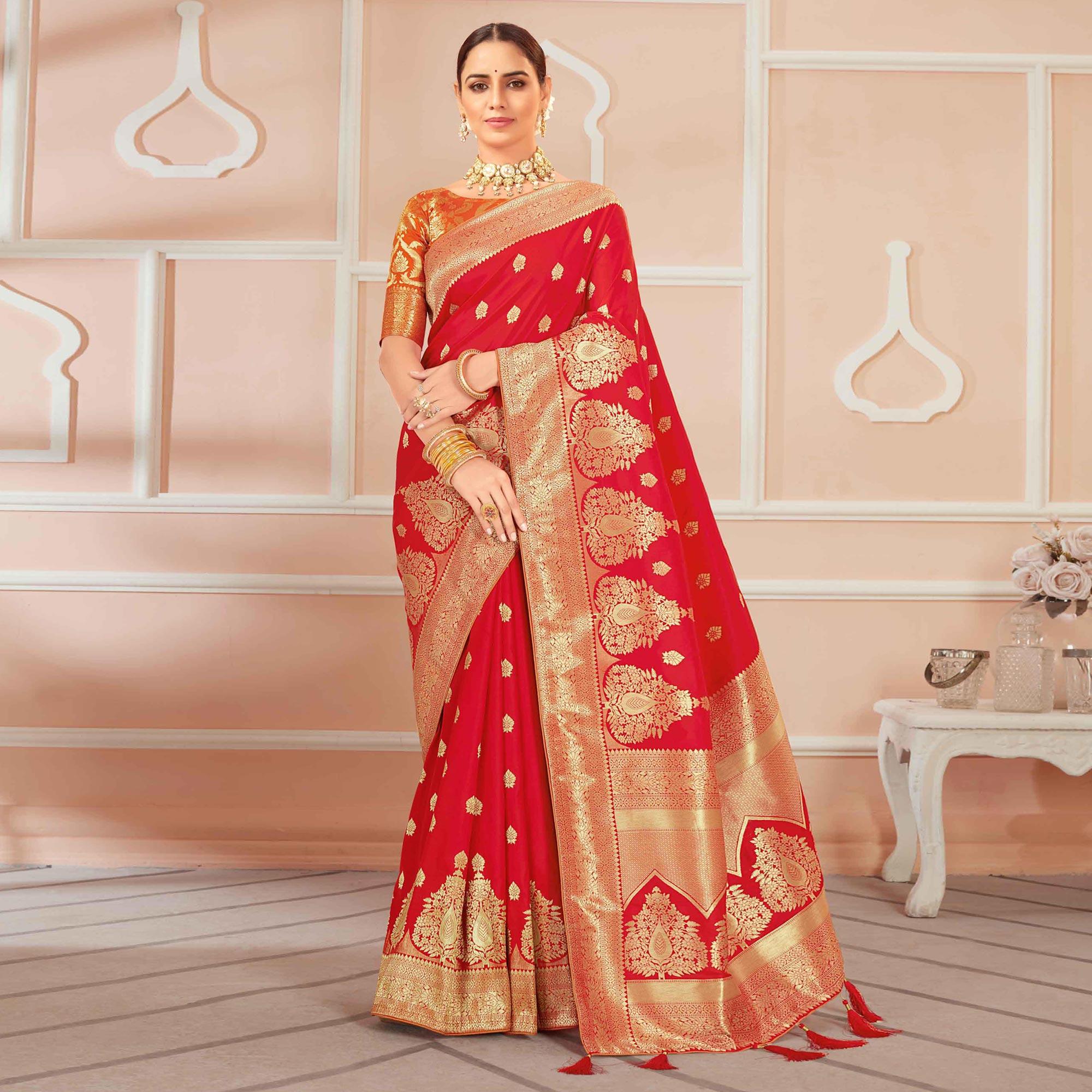 Red Festive Wear Woven Banarasi Silk Saree With Tassels - Peachmode