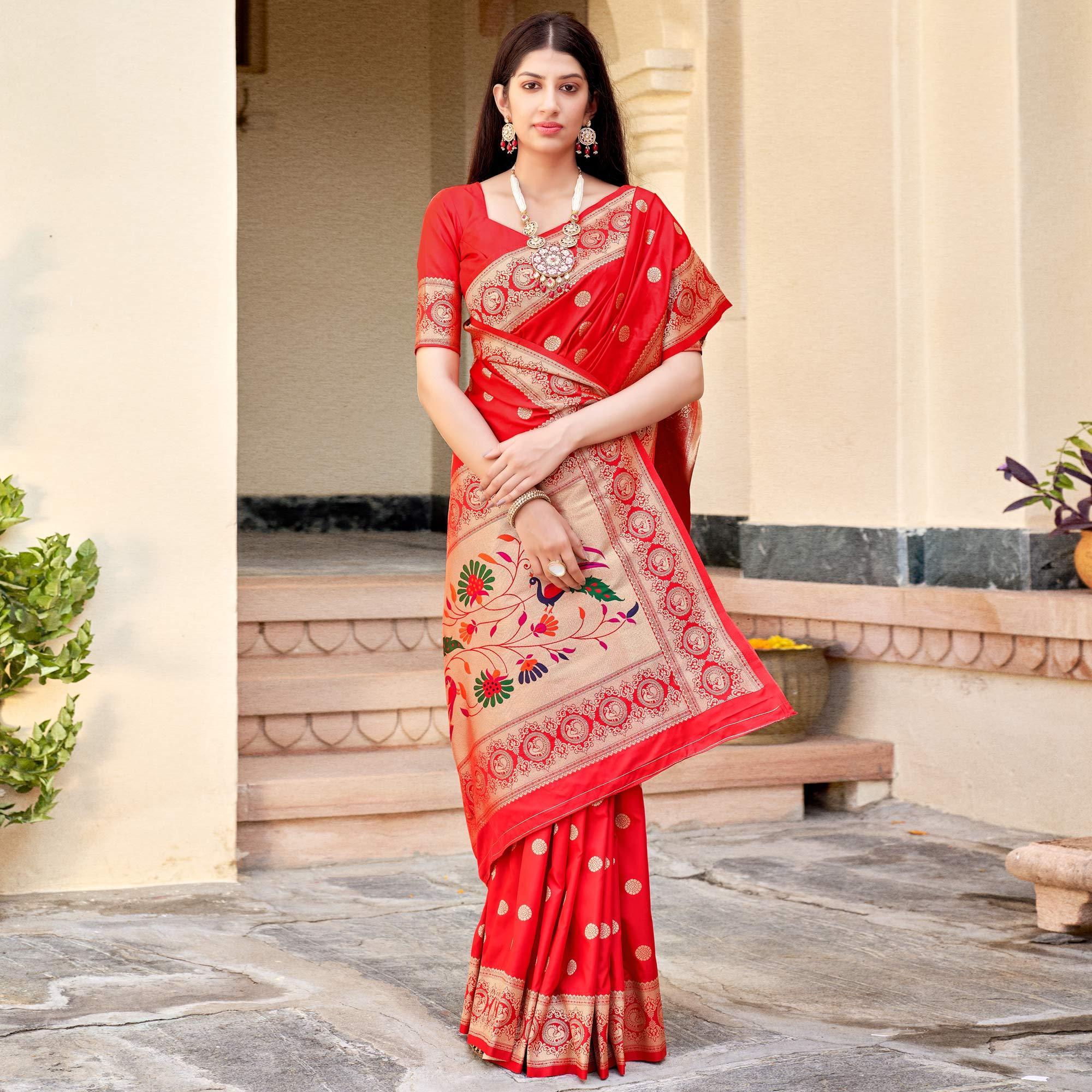 Red Festive Wear Woven Banarasi Soft Silk Saree - Peachmode