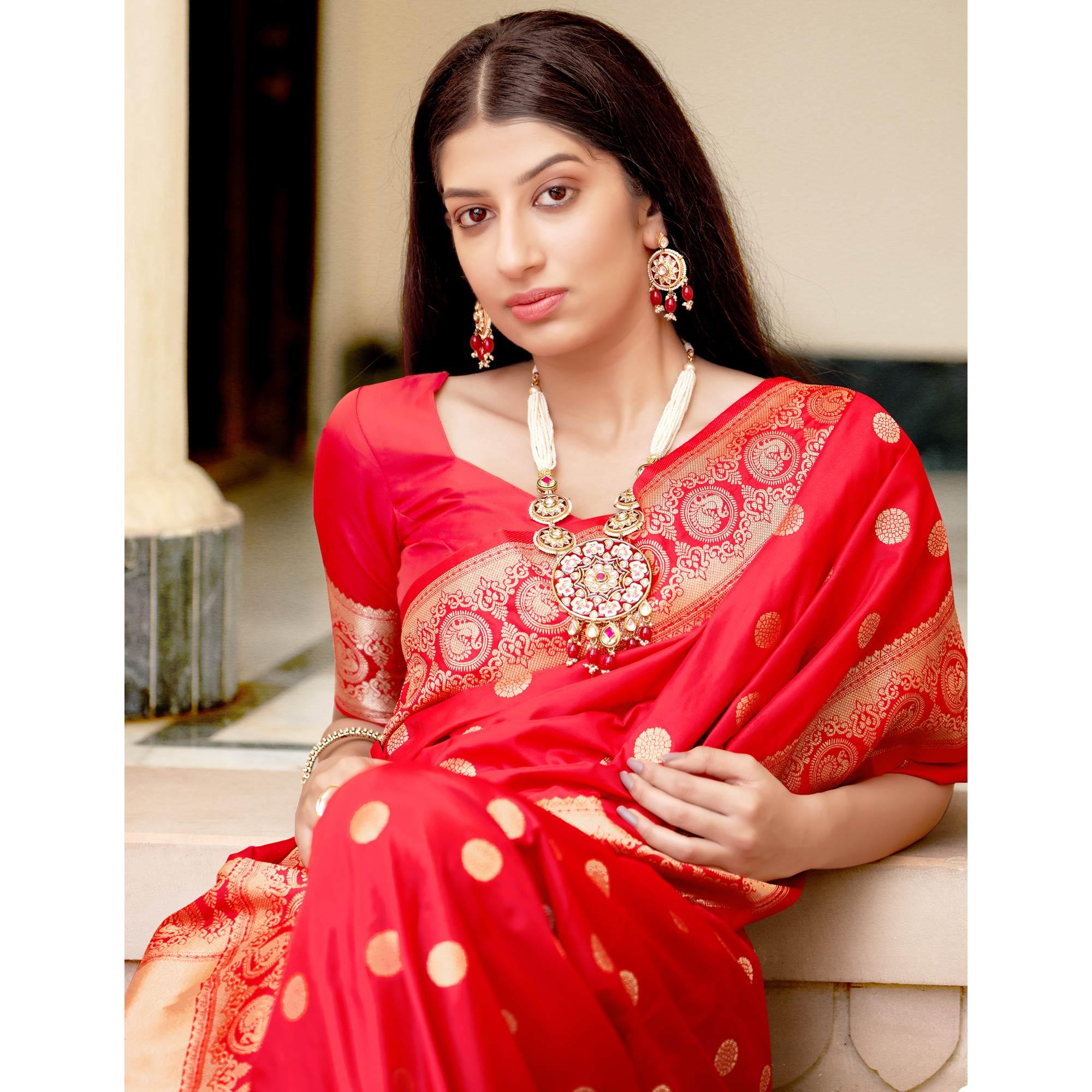 Red Festive Wear Woven Banarasi Soft Silk Saree - Peachmode