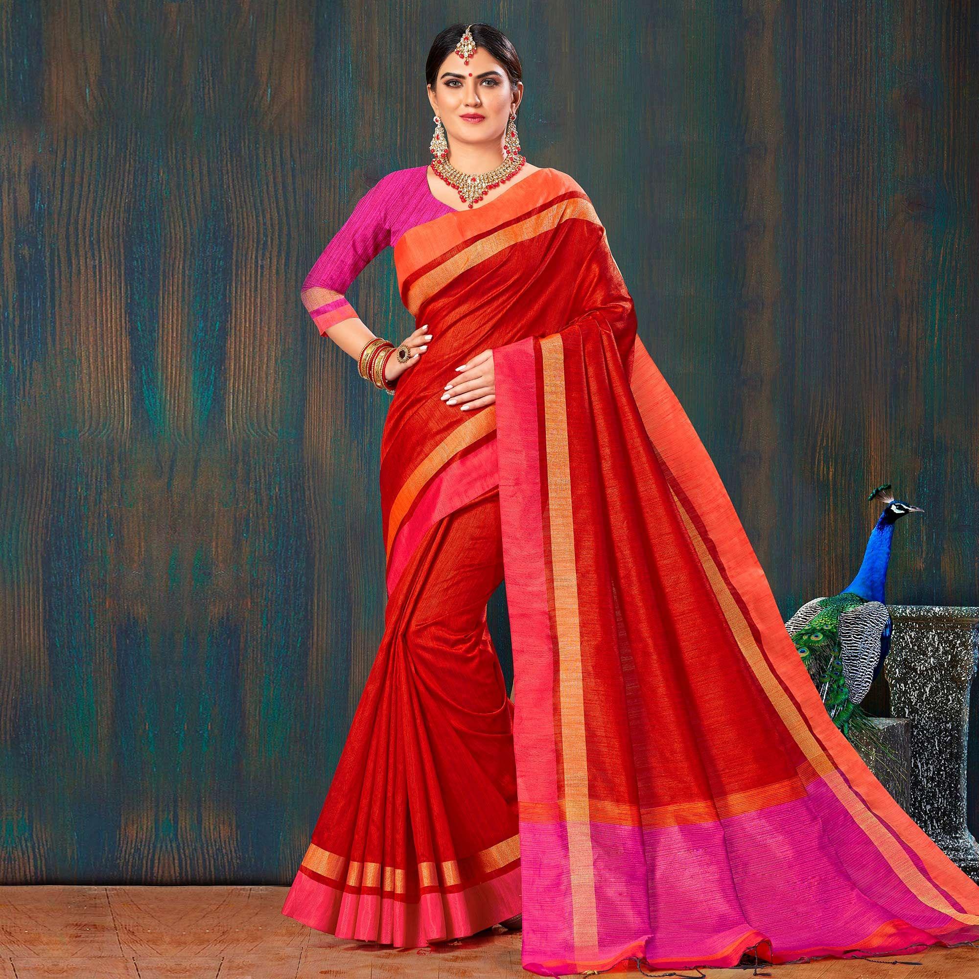 Red Festive Wear Woven Cotton Saree - Peachmode