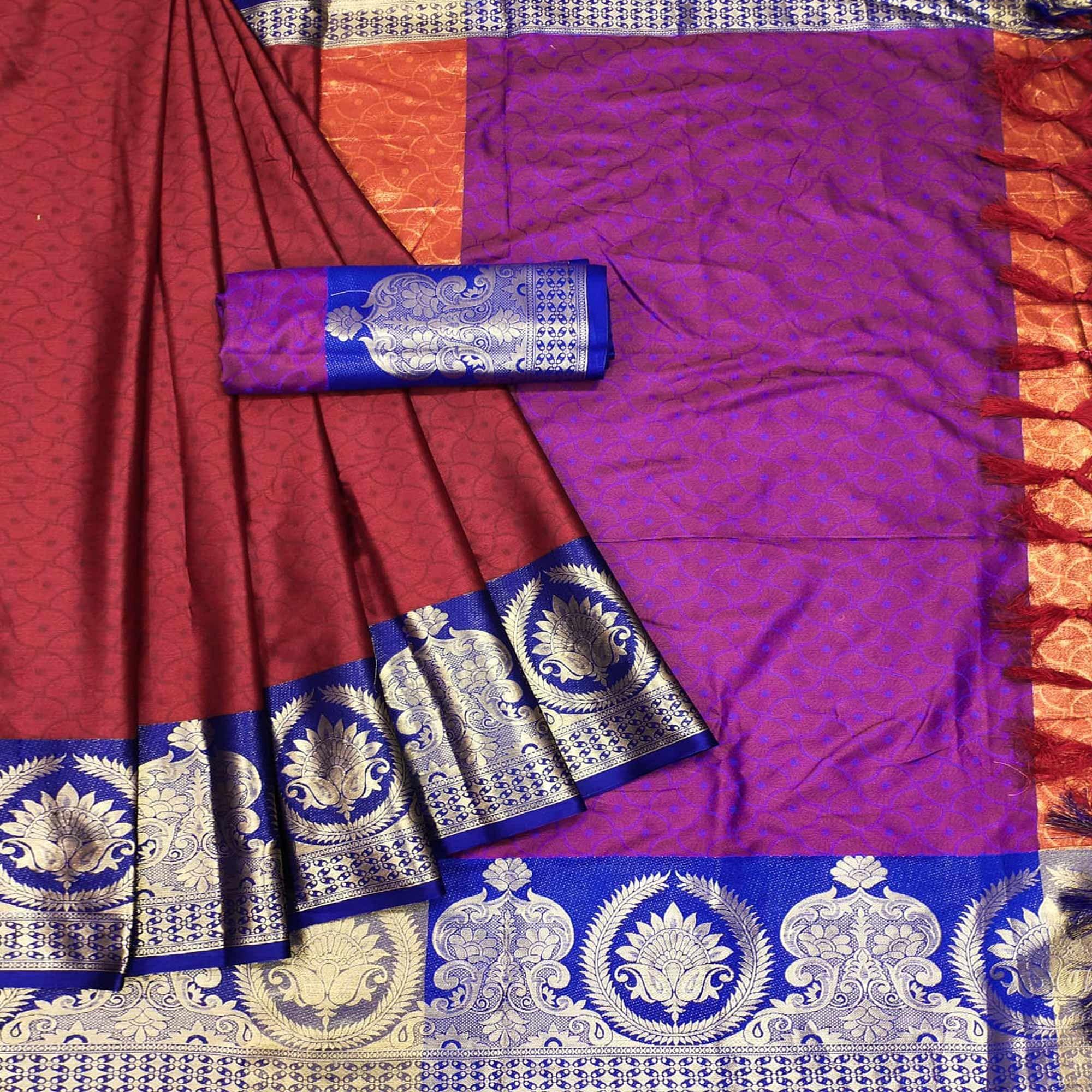 Red Festive Wear Woven Cotton Saree - Peachmode