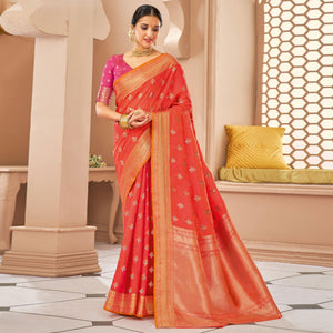 Red Festive Wear Woven Cotton Saree - Peachmode