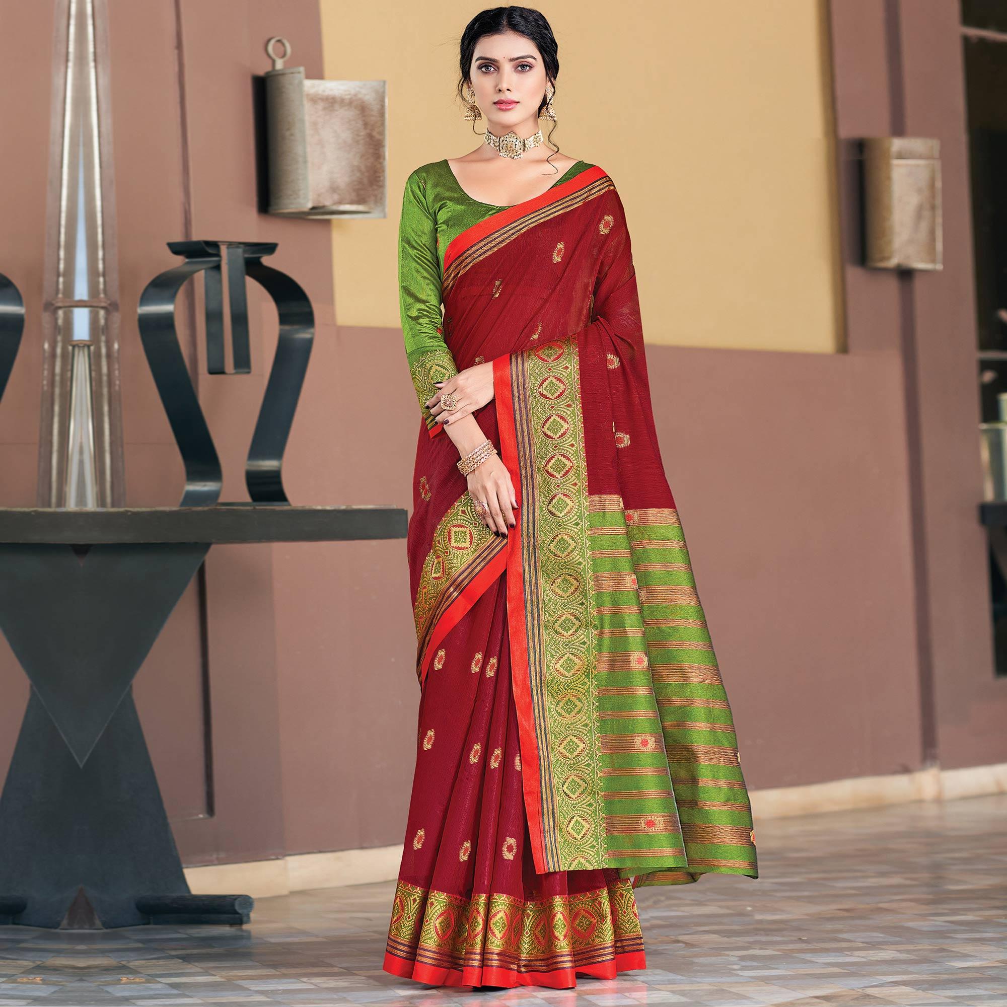 Red Festive Wear Woven Cotton Saree - Peachmode
