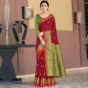 Red Festive Wear Woven Cotton Saree - Peachmode