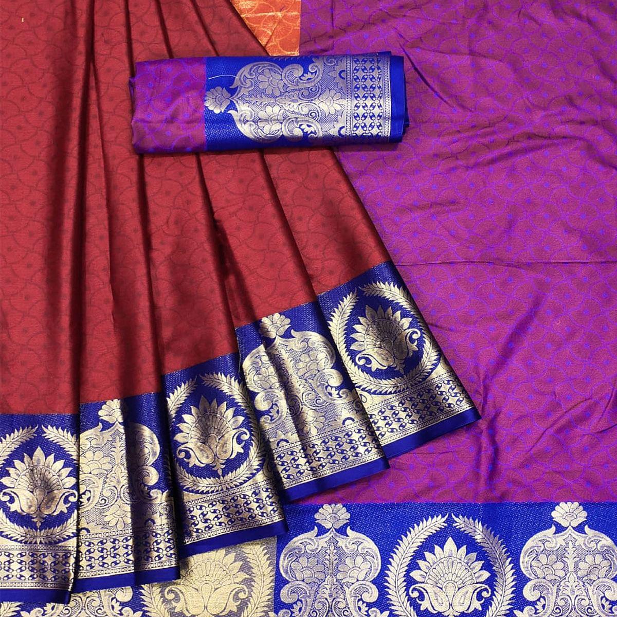 Red Festive Wear Woven Cotton Saree - Peachmode