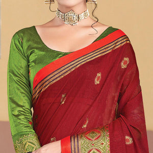 Red Festive Wear Woven Cotton Saree - Peachmode