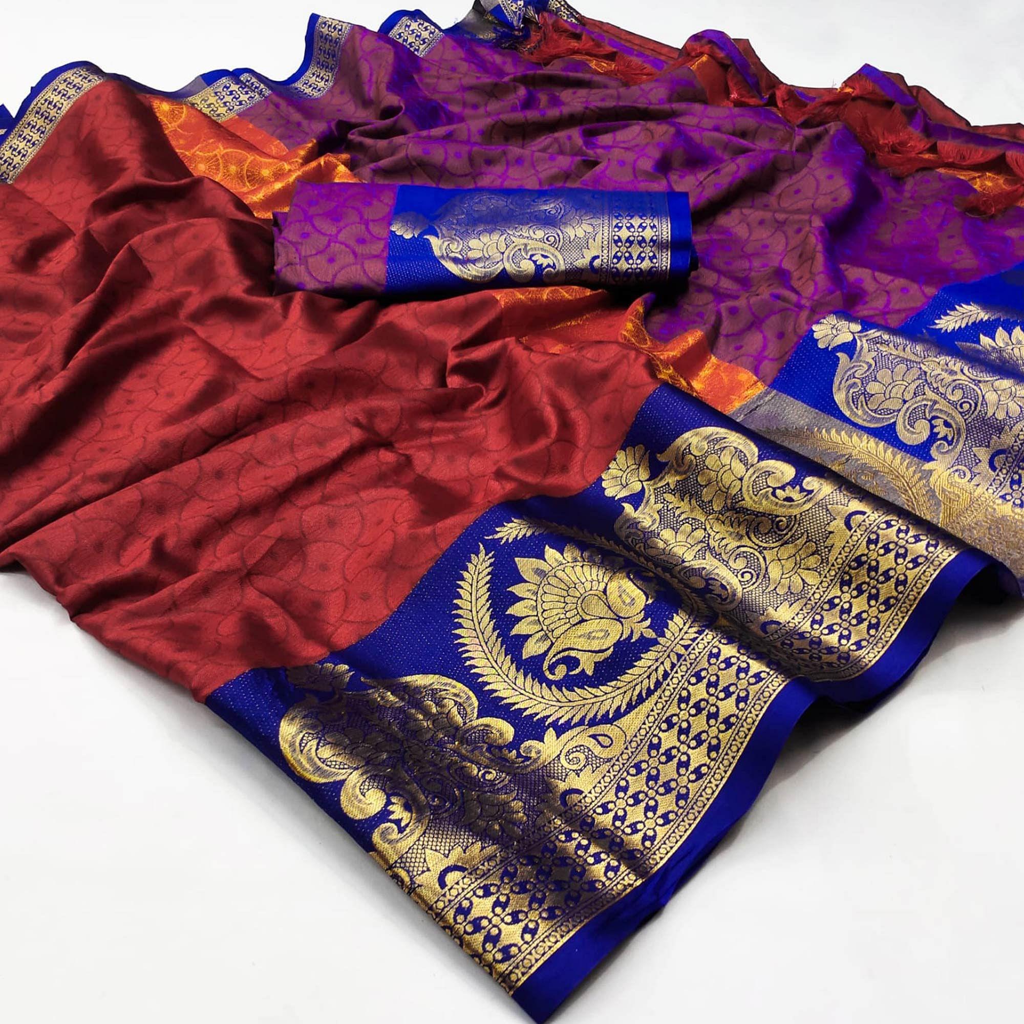 Red Festive Wear Woven Cotton Saree - Peachmode