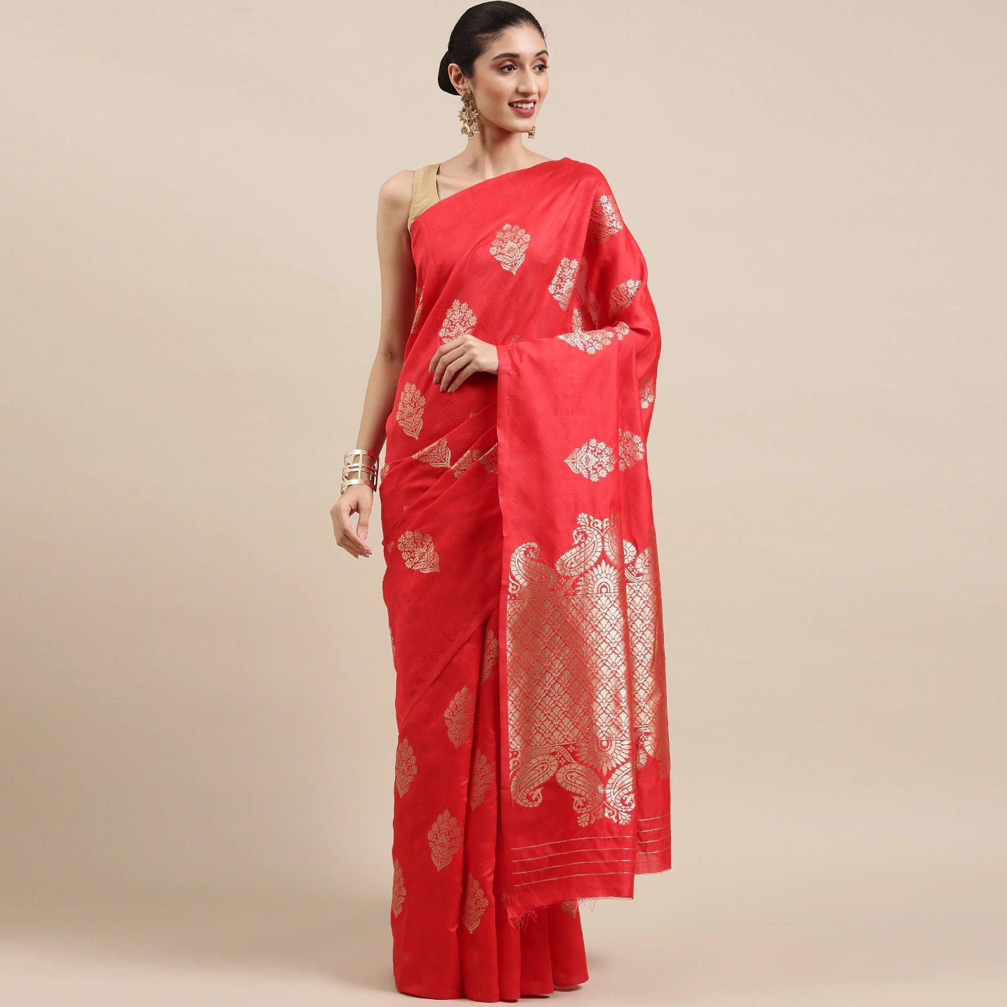 Red Festive Wear Woven Cotton Silk Designer Saree - Peachmode