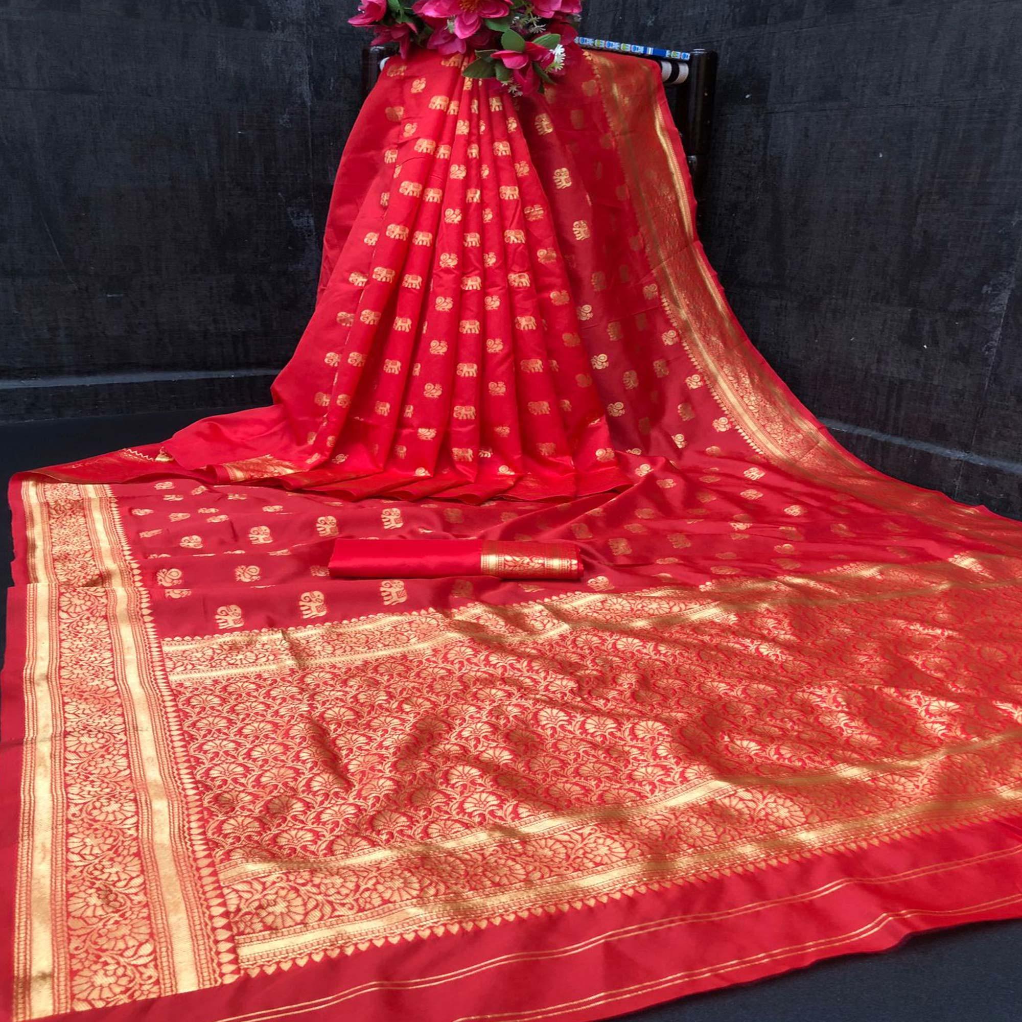Red Festive Wear Woven Designer Soft Lichi Silk Saree - Peachmode