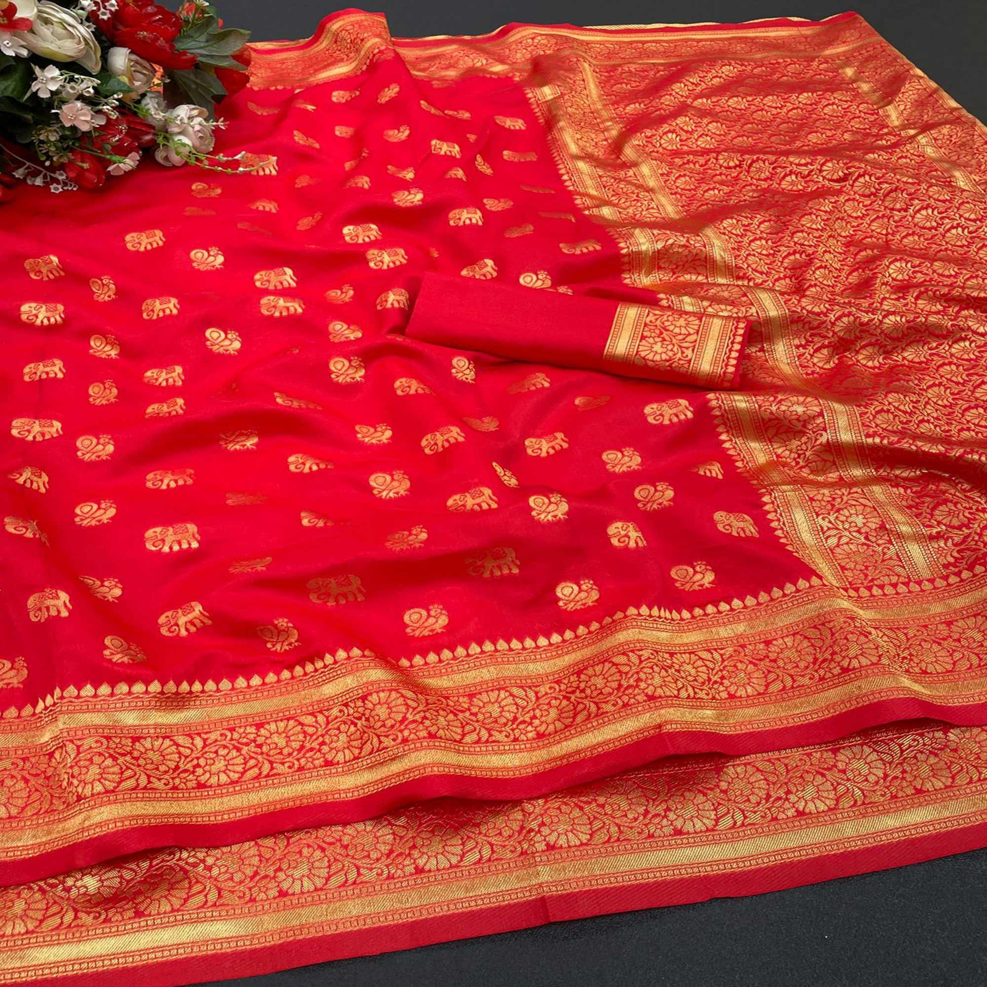 Red Festive Wear Woven Designer Soft Lichi Silk Saree - Peachmode