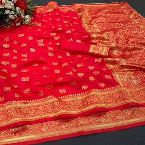 Red Festive Wear Woven Designer Soft Lichi Silk Saree - Peachmode