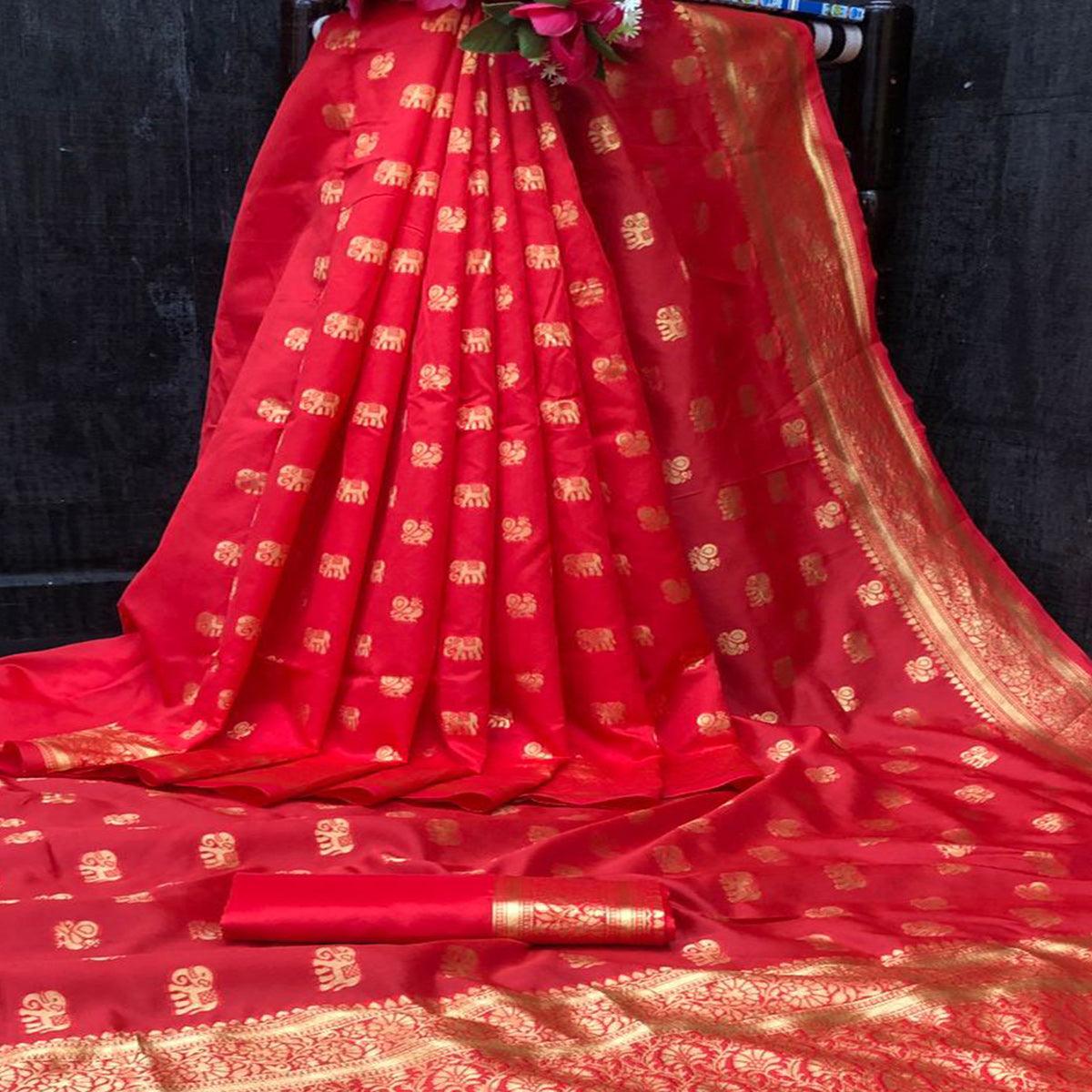 Red Festive Wear Woven Designer Soft Lichi Silk Saree - Peachmode