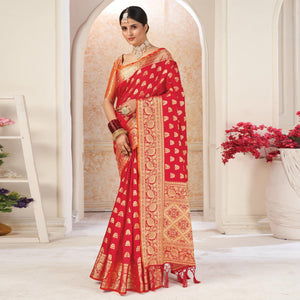 Red Festive Wear Woven-Embellished Silk Saree With Tassels - Peachmode