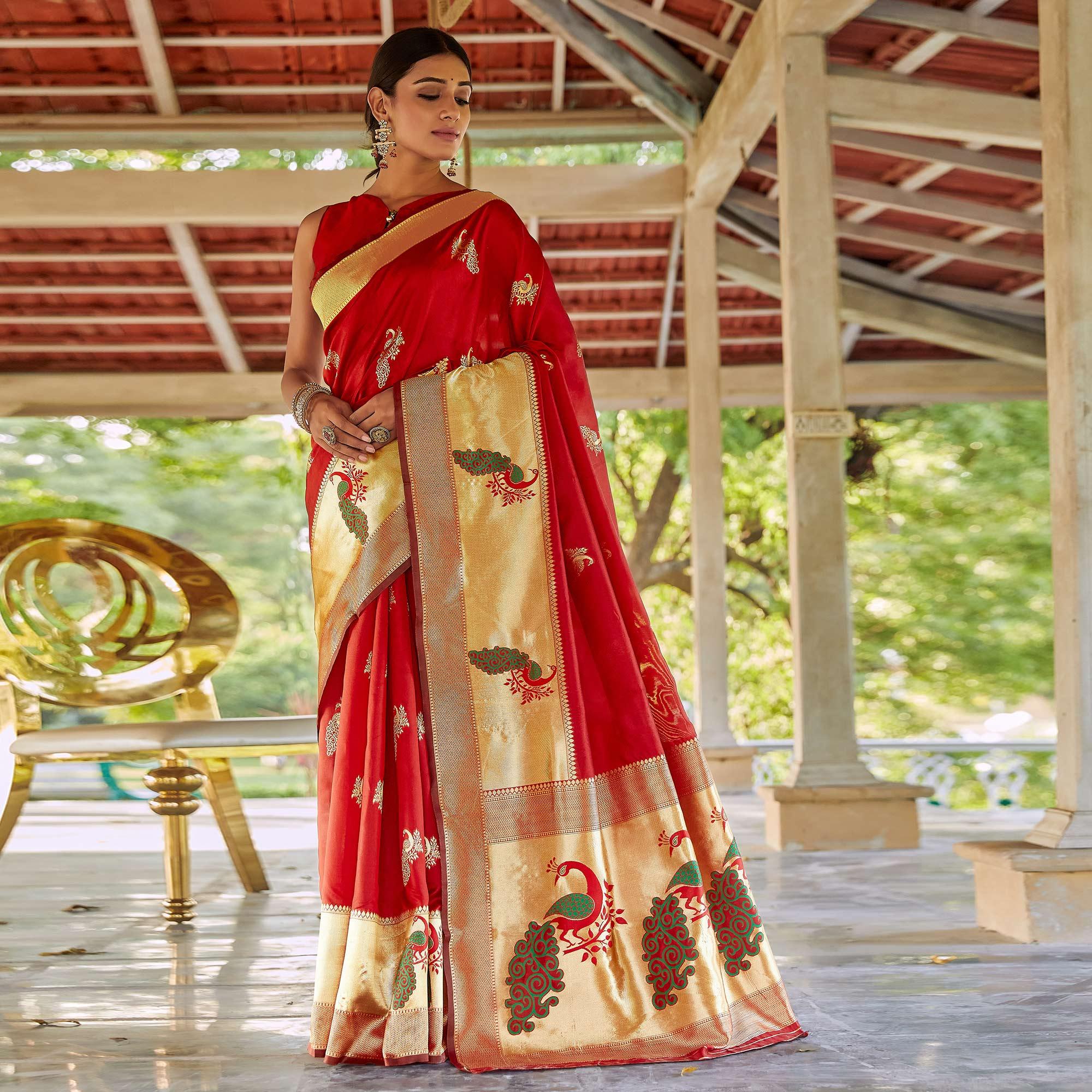 Red Festive Wear Woven Handloom Silk Saree - Peachmode