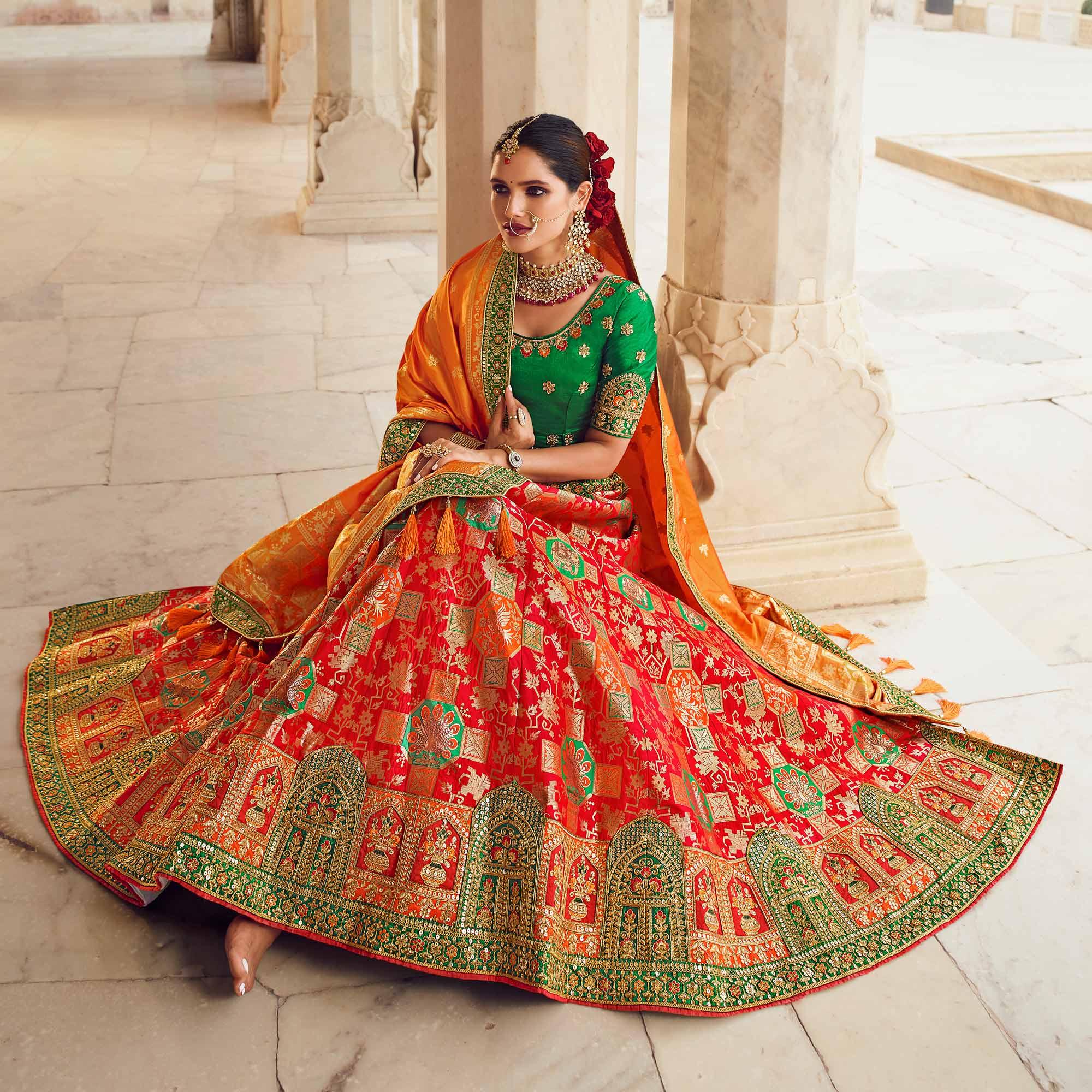 Red Festive Wear Woven Heavy Banarasi Silk Lehenga Choli - Peachmode