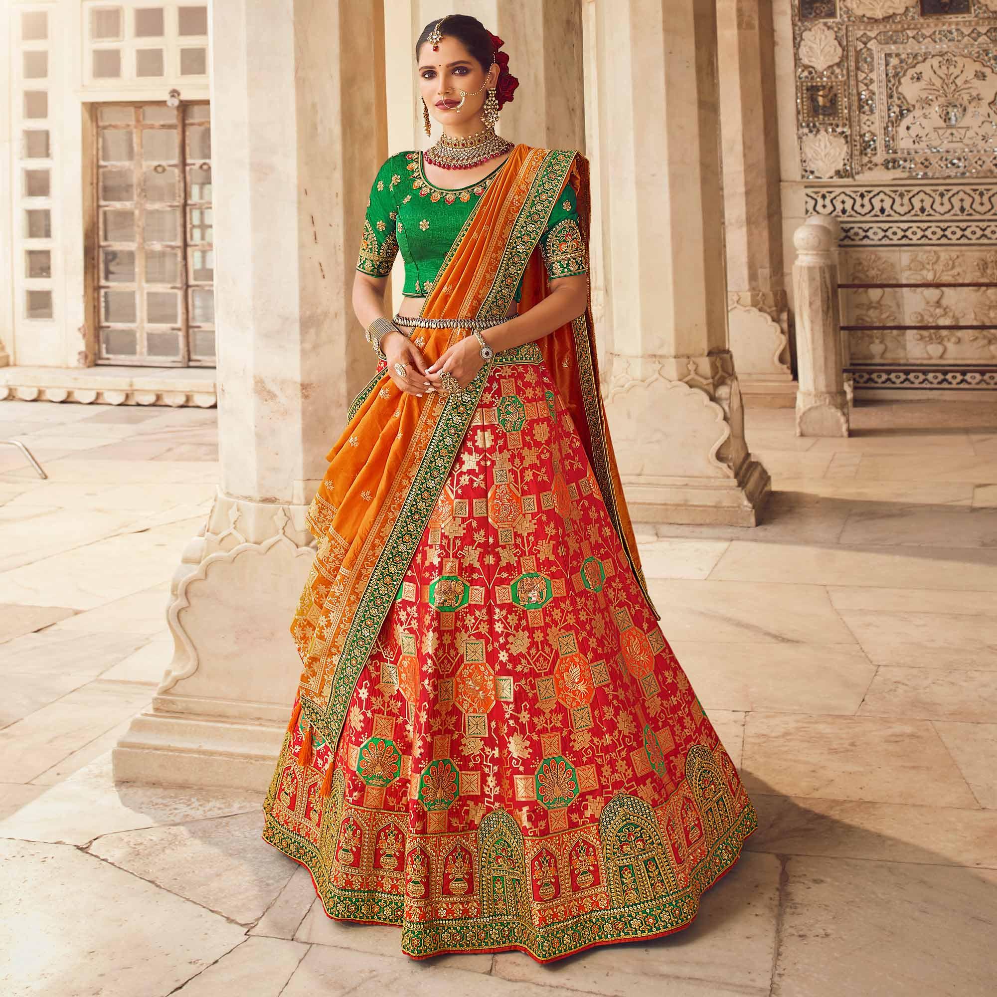 Red Festive Wear Woven Heavy Banarasi Silk Lehenga Choli - Peachmode