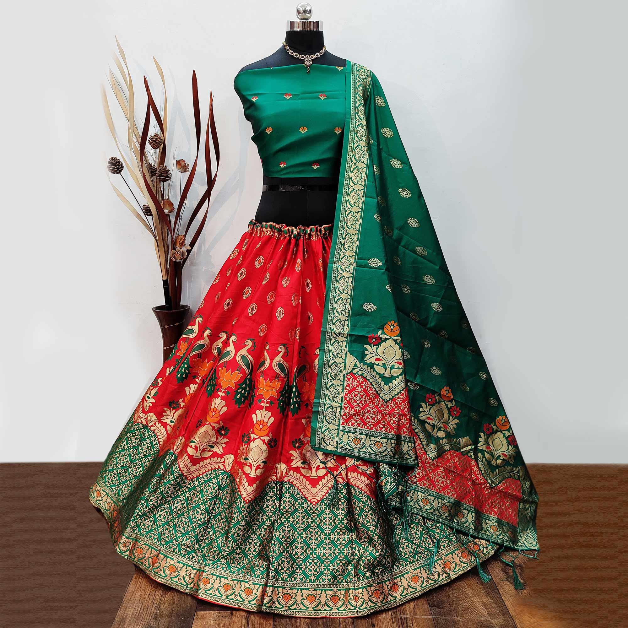 Red Festive Wear Woven Heavy Brocade Lehenga Choli - Peachmode