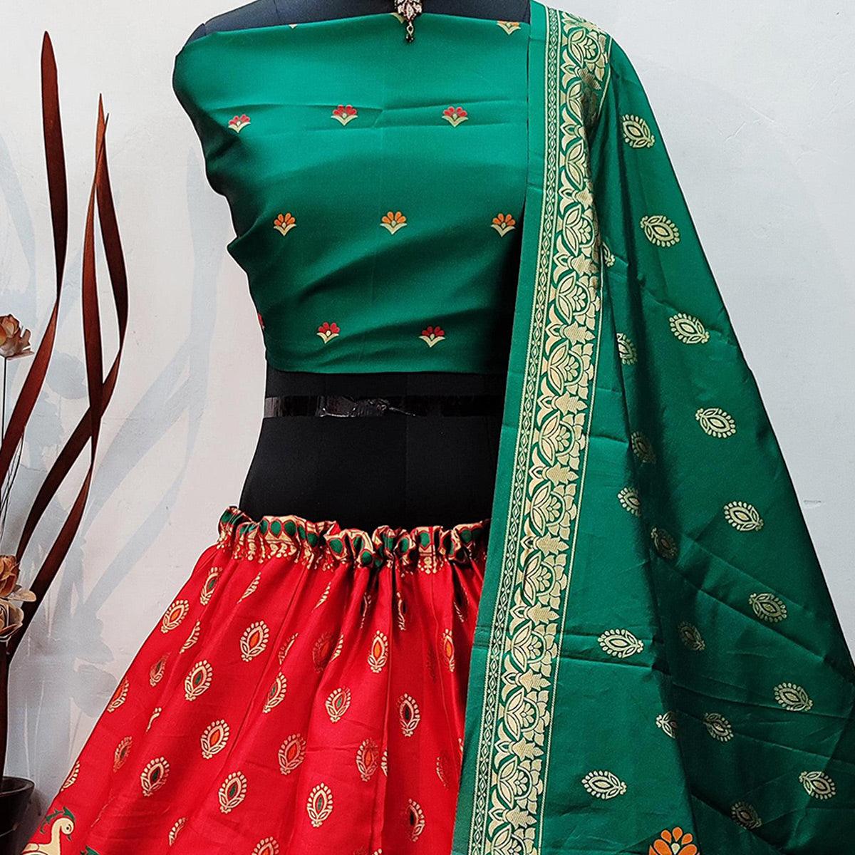 Red Festive Wear Woven Heavy Brocade Lehenga Choli - Peachmode