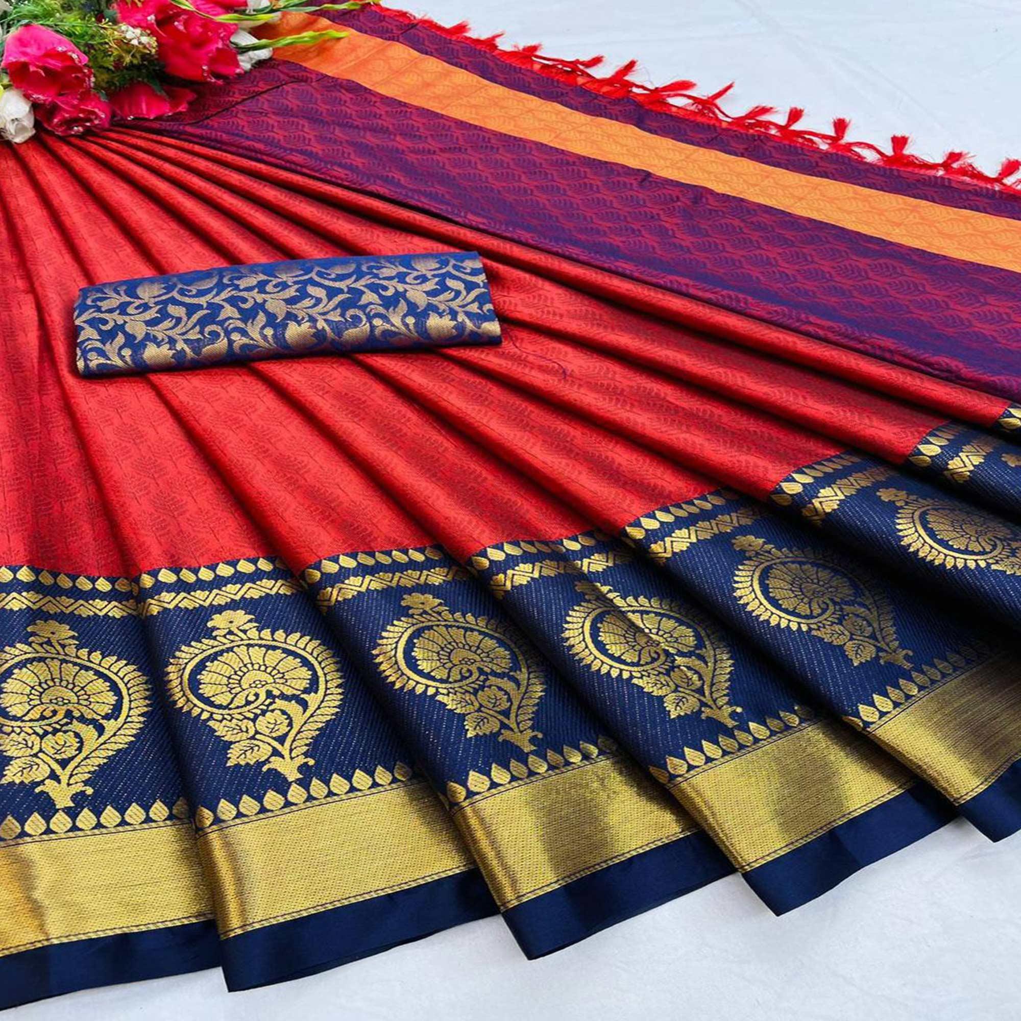 Red Festive Wear Woven Heavy Rich Cotton Silk Saree - Peachmode