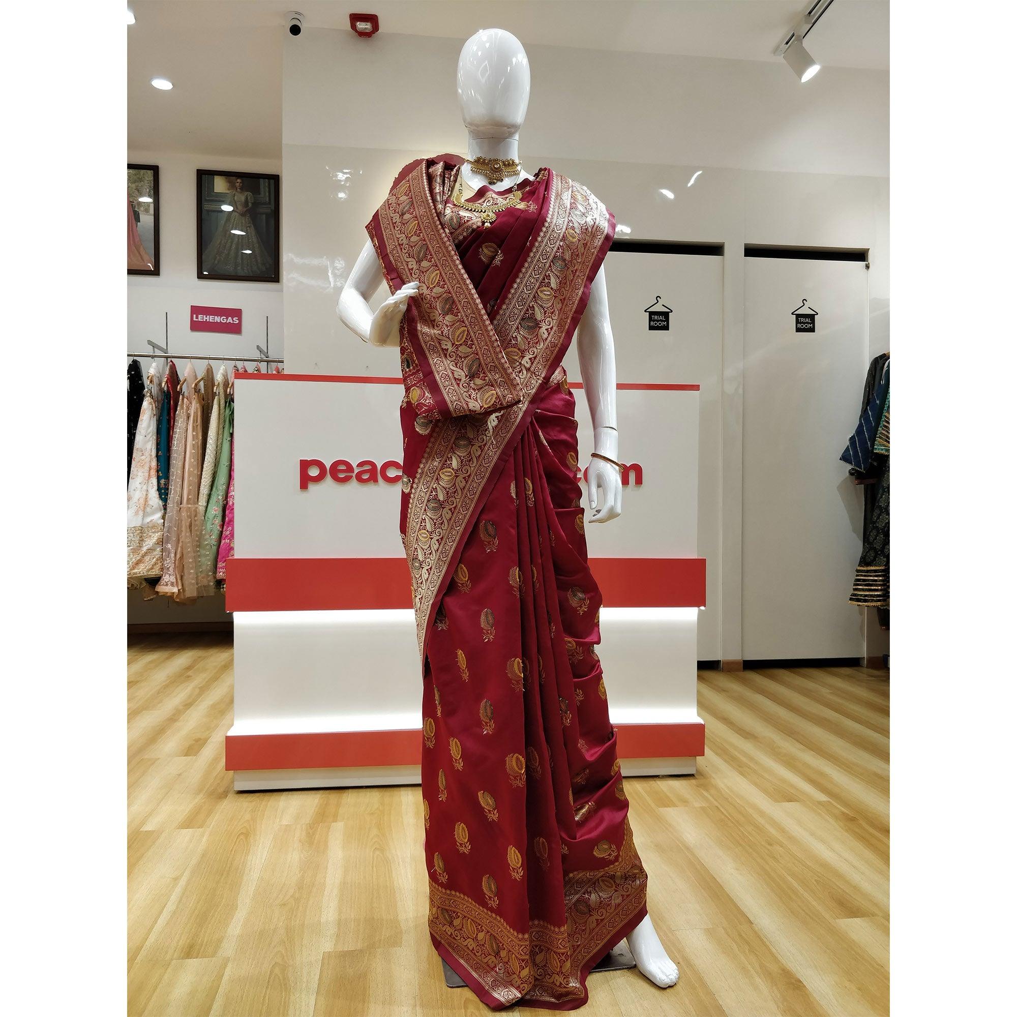 Red Festive Wear Woven Jacquard Banarasi Saree - Peachmode